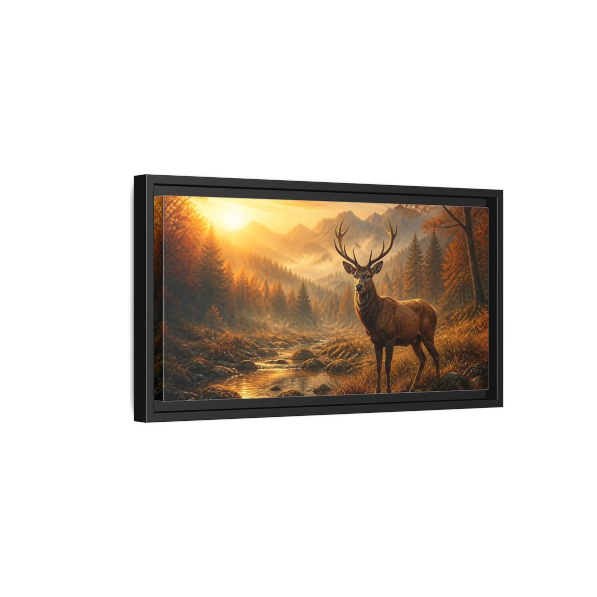 Side Mockup 8. Golden Autumn Stag shown as framed canvas print