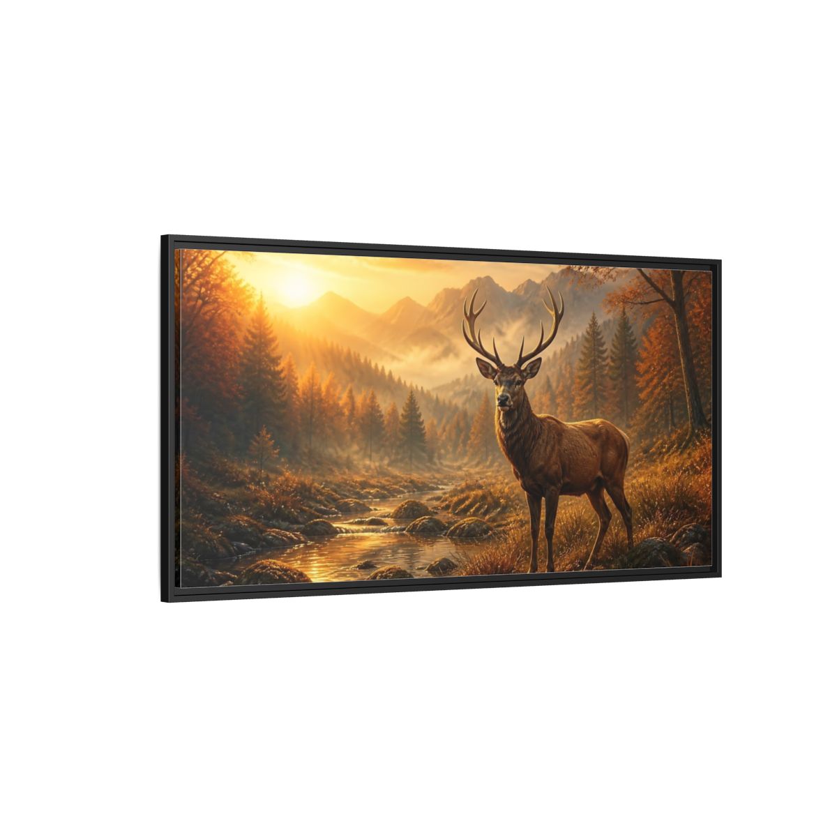 Side Mockup 5. Golden Autumn Stag shown as framed canvas print