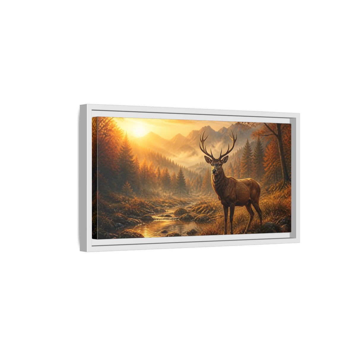 Side Mockup 6. Golden Autumn Stag shown as framed canvas print