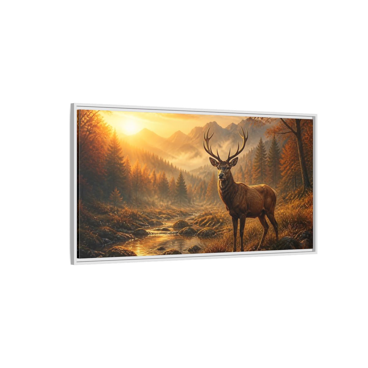Side Mockup 3. Golden Autumn Stag shown as framed canvas print