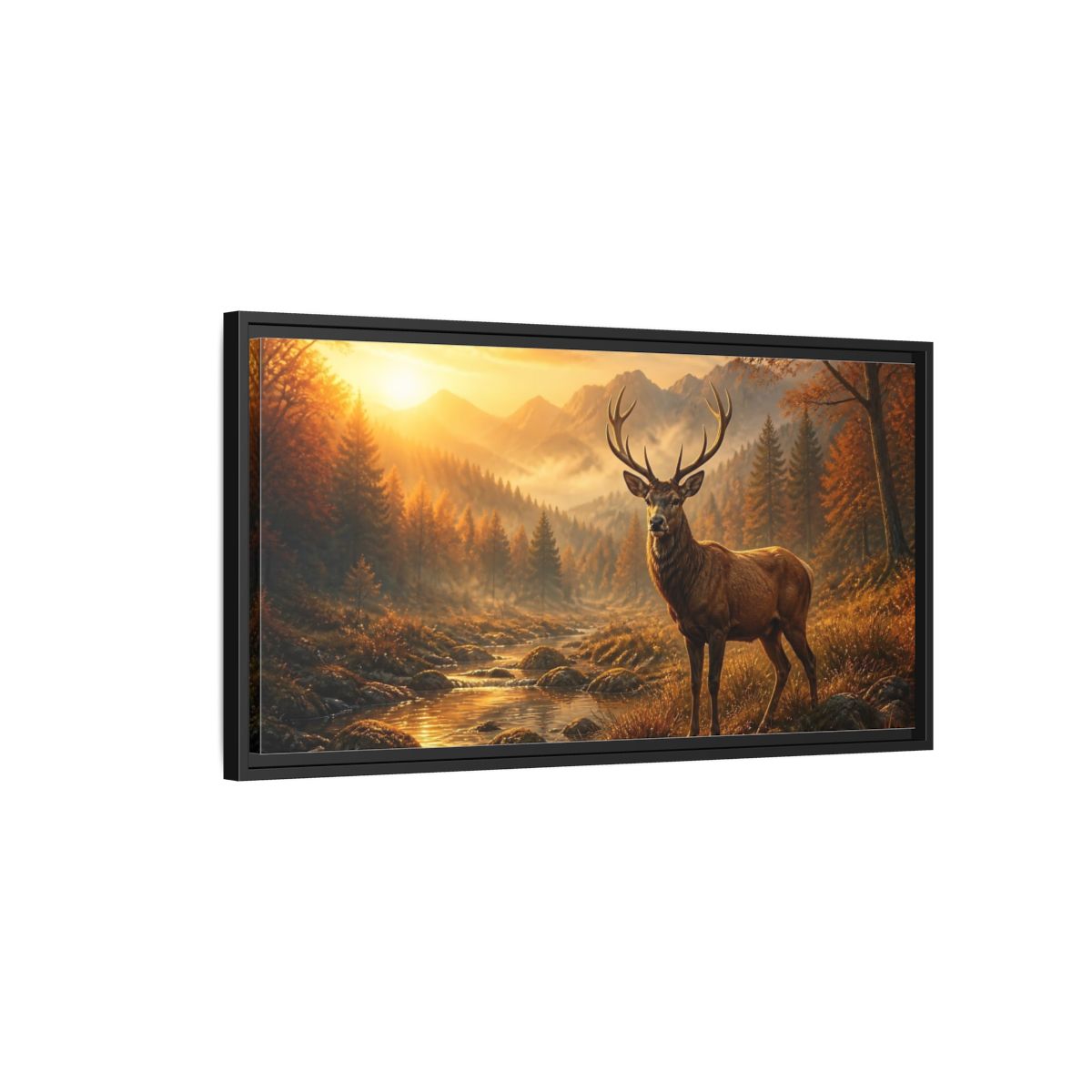Side Mockup 2. Golden Autumn Stag shown as framed canvas print