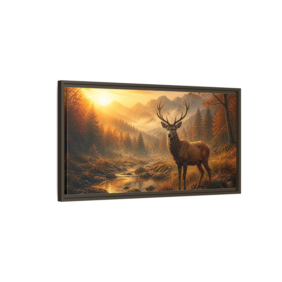 Main Mockup. Golden Autumn Stag shown as framed canvas print