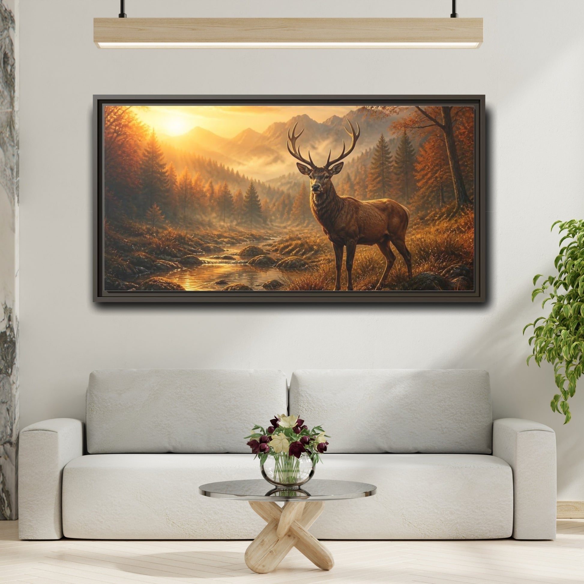 Mockup 2. Golden Autumn Stag shown as framed canvas print
