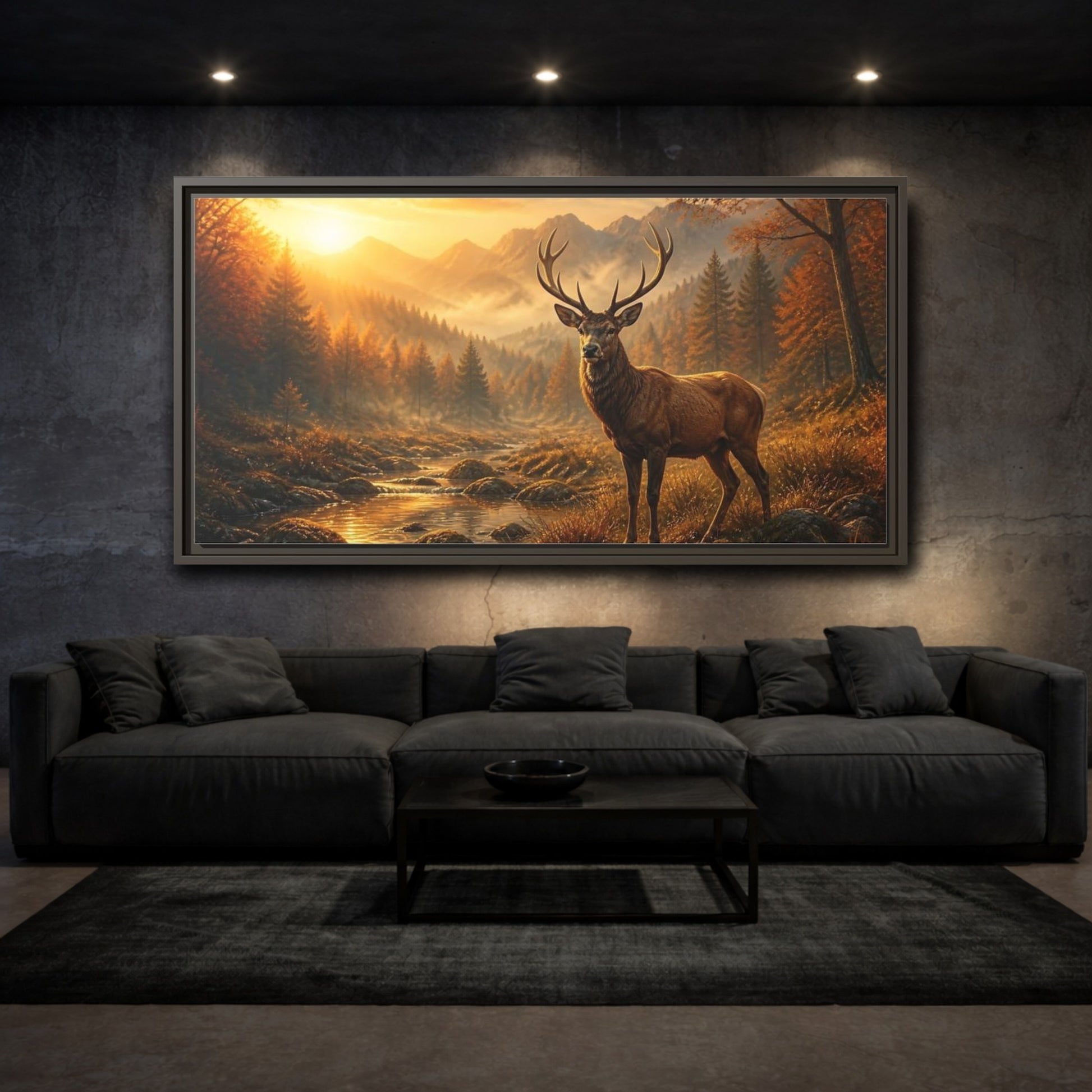 Mockup 3. Golden Autumn Stag shown as framed canvas print