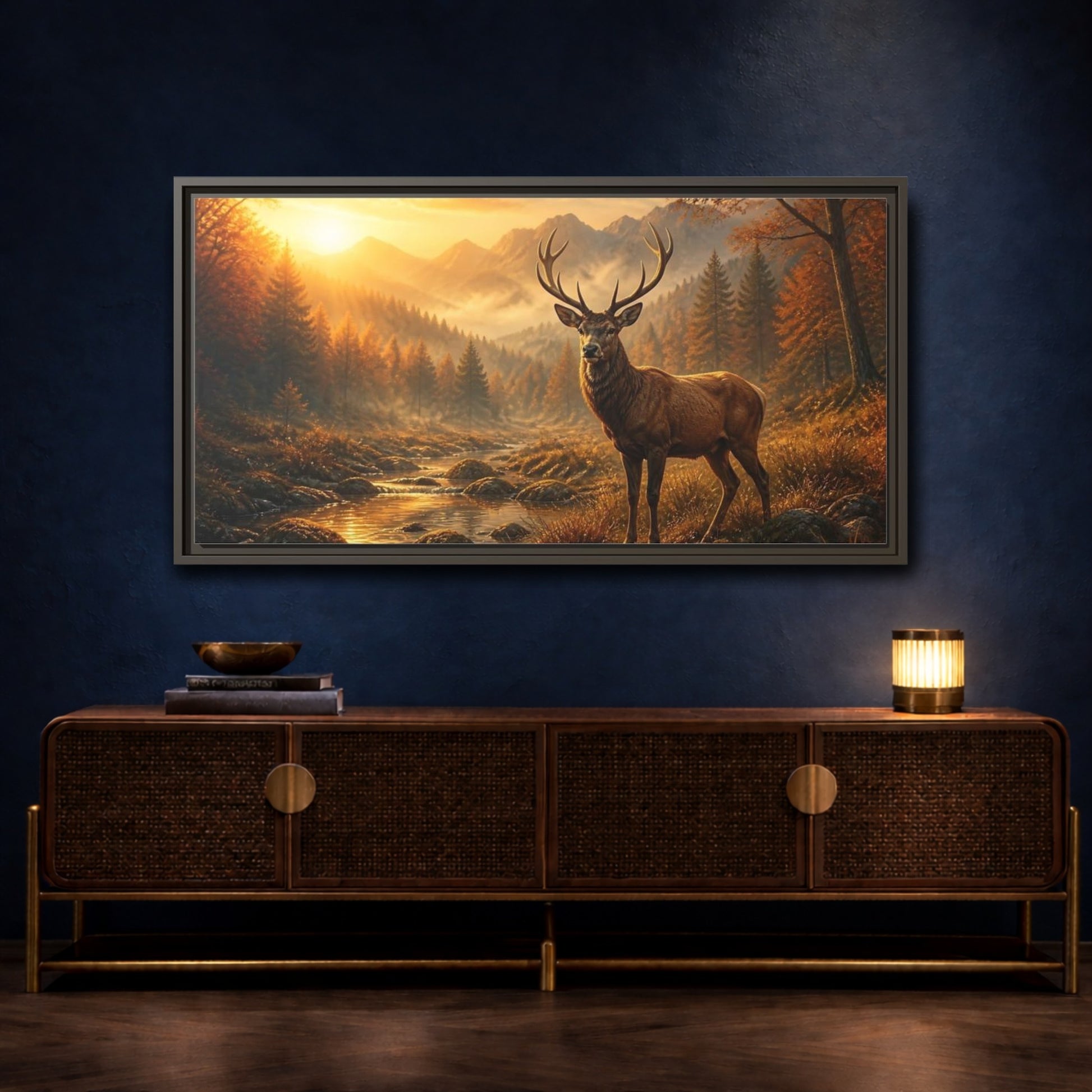 Mockup 4. Golden Autumn Stag shown as framed canvas print