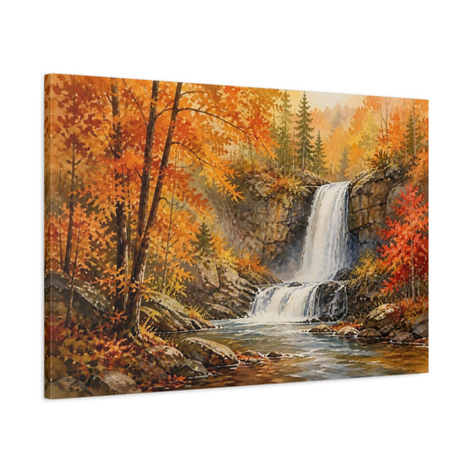 Main Mockup. Golden Autumn Waterfall shown as canvas print