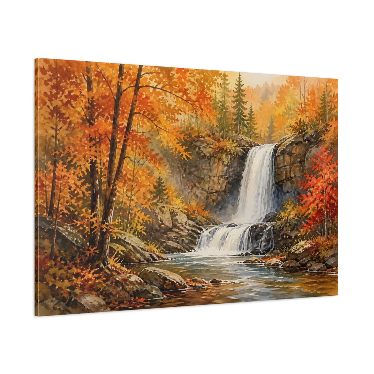 Side Mockup 1. Golden Autumn Waterfall shown as canvas print