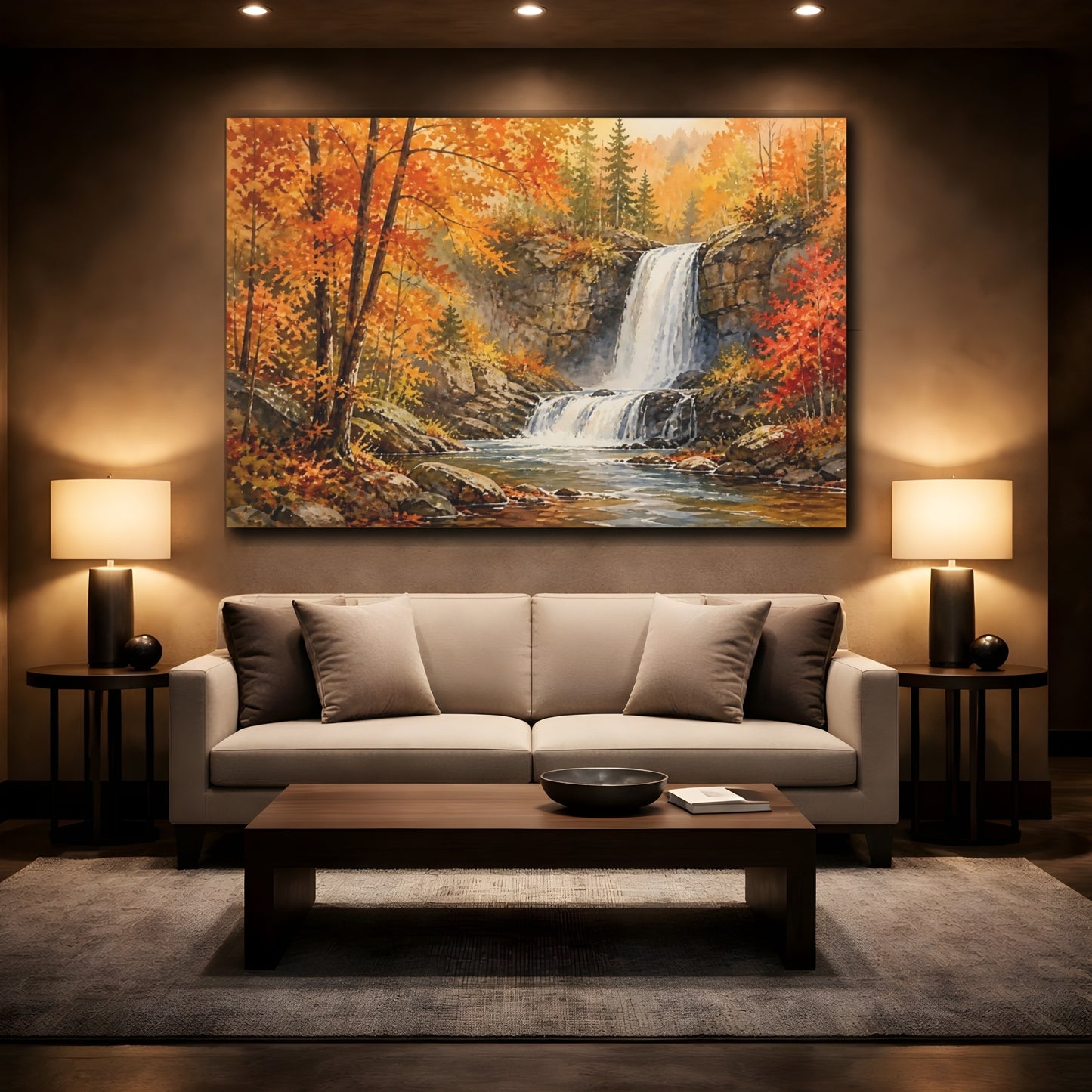 Mockup 2. Golden Autumn Waterfall shown as canvas print