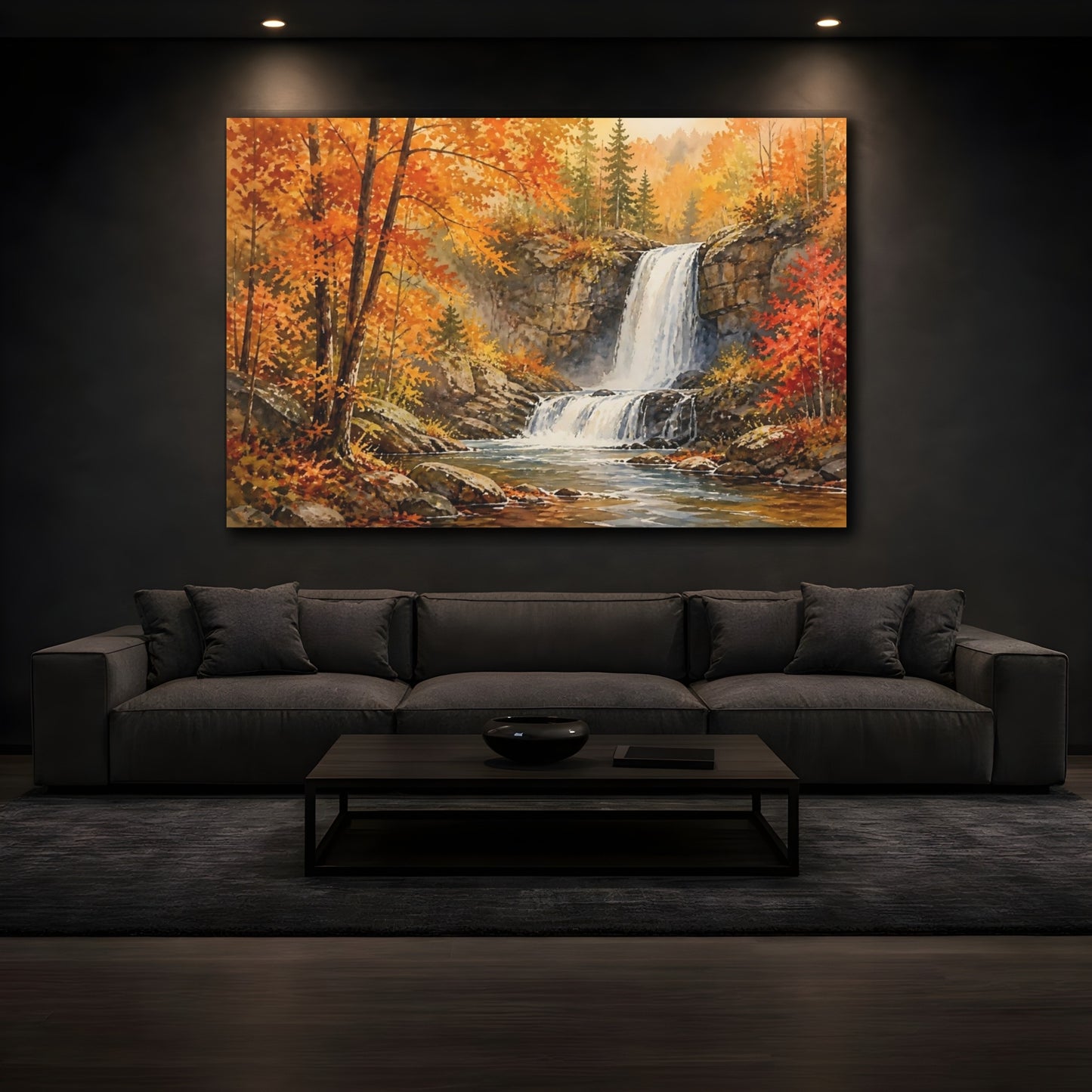 Mockup 3. Golden Autumn Waterfall shown as canvas print