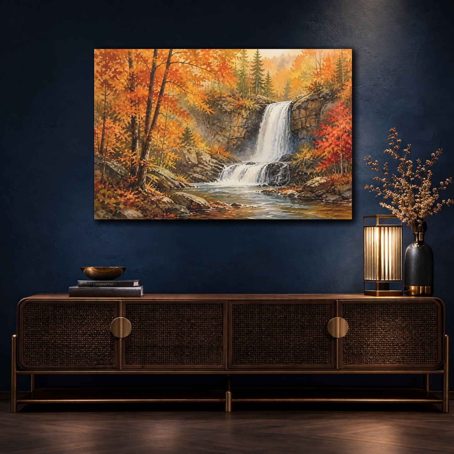 Mockup 4. Golden Autumn Waterfall shown as canvas print