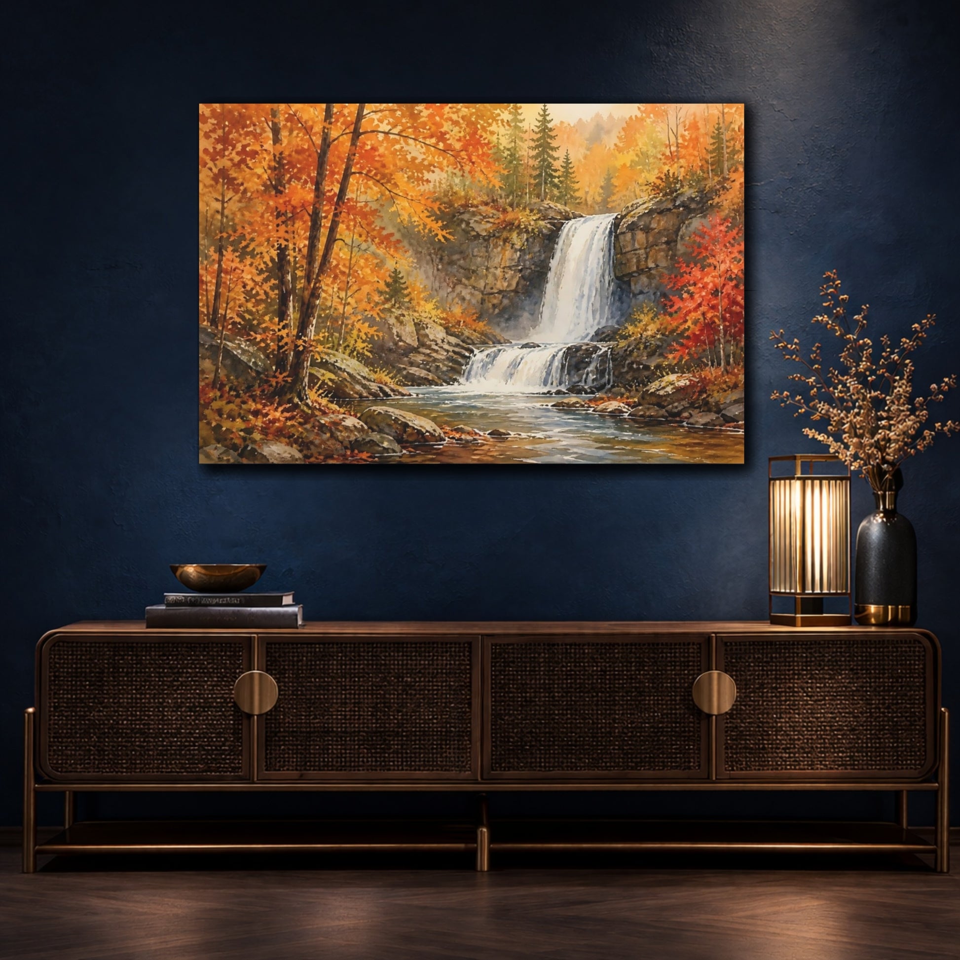 Mockup 4. Golden Autumn Waterfall shown as canvas print