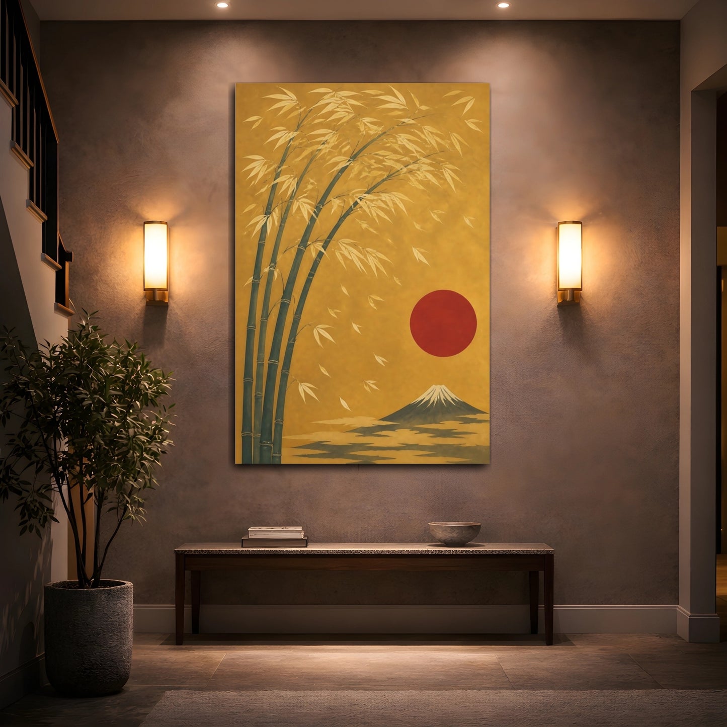 Mockup 2. Golden Bamboo With Red Sun shown as canvas print