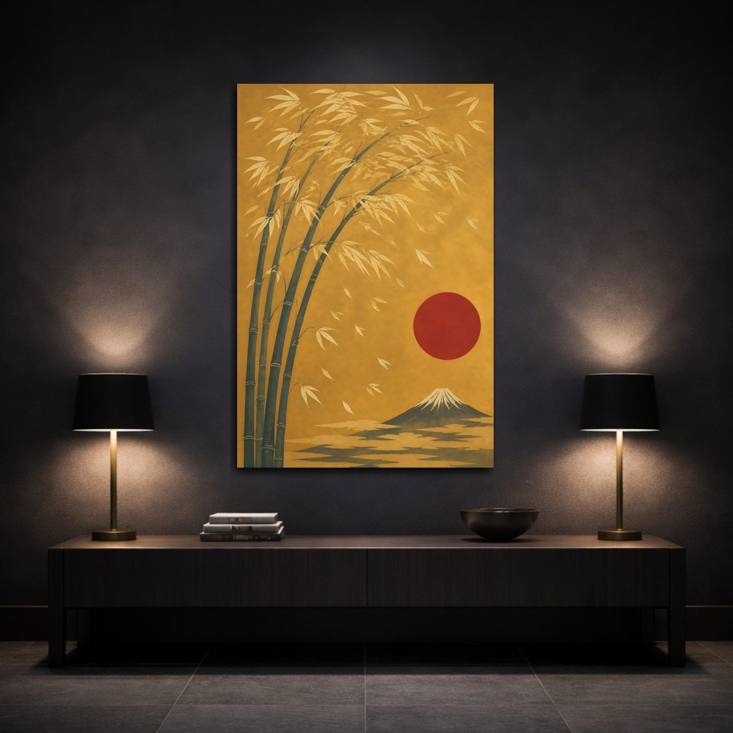 Mockup 3. Golden Bamboo With Red Sun shown as canvas print