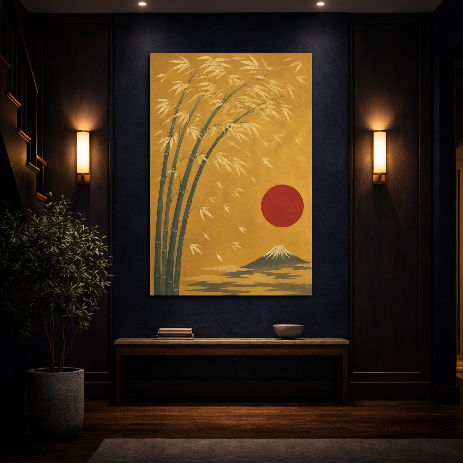 Mockup 4. Golden Bamboo With Red Sun shown as canvas print