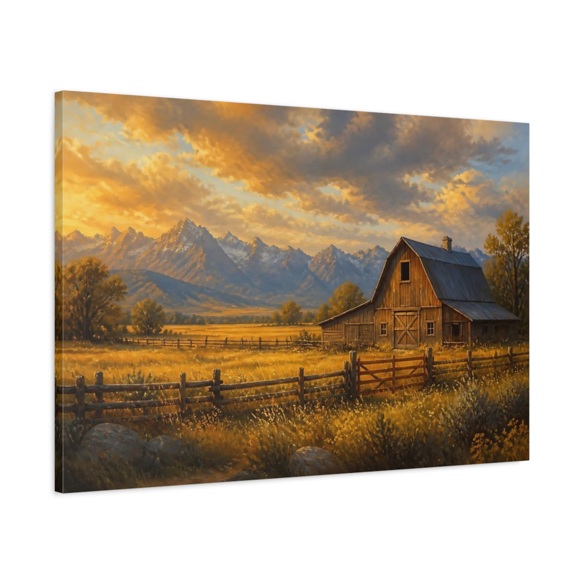 Main Mockup. Golden Barn At Dusk shown as canvas print