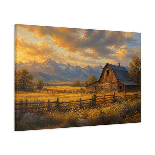 Main Mockup. Golden Barn At Dusk shown as canvas print