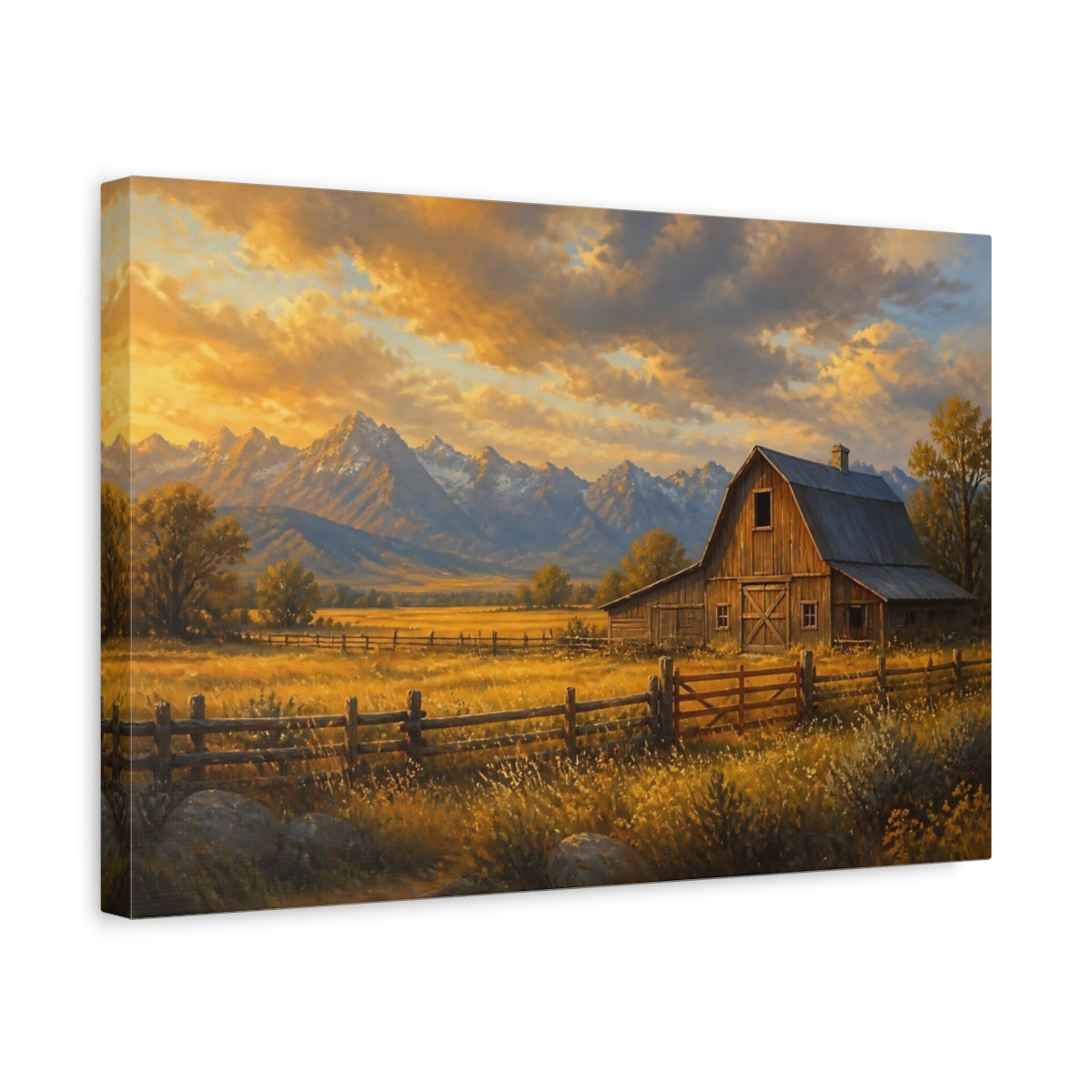 Side Mockup 4. Golden Barn At Dusk shown as canvas print