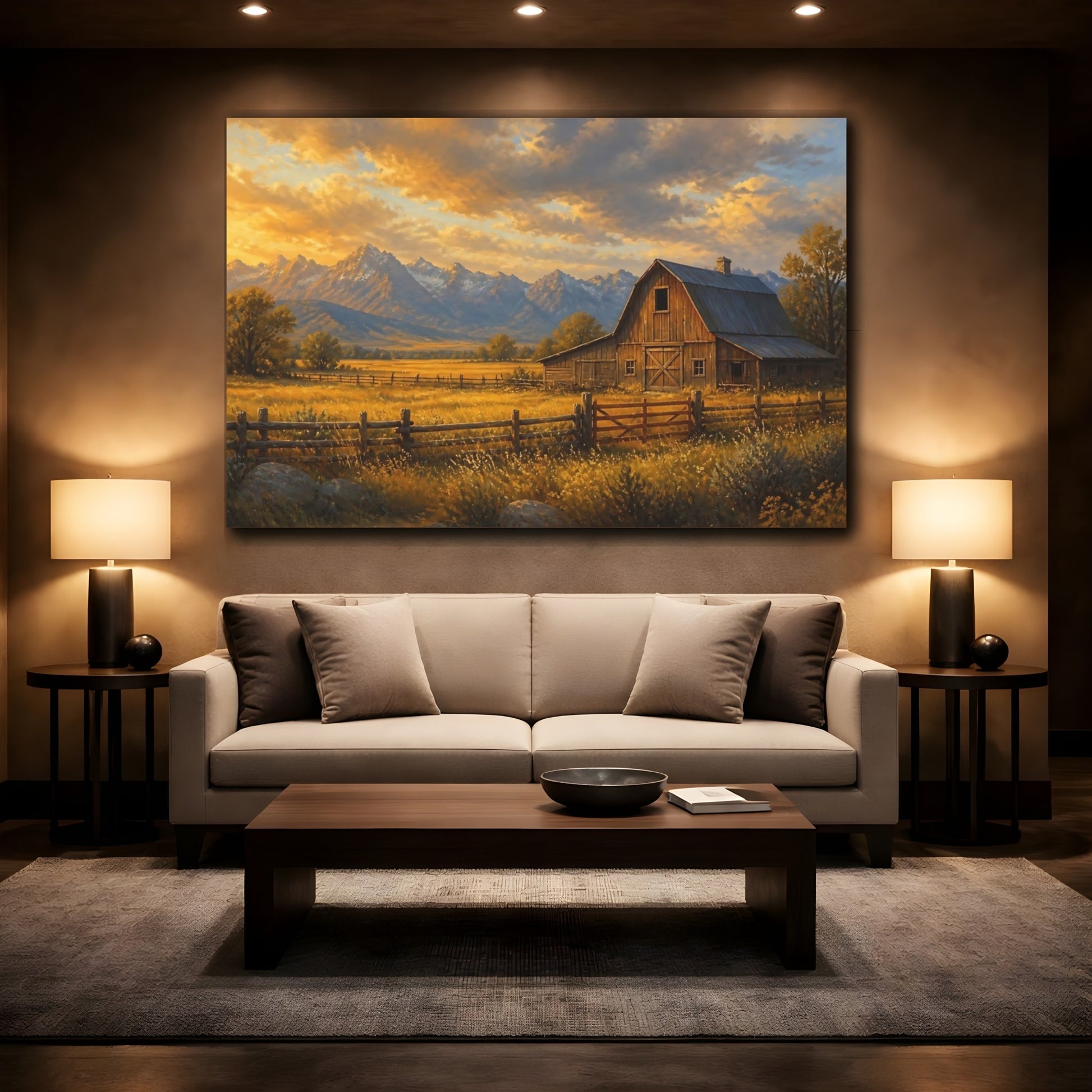 Mockup 2. Golden Barn At Dusk shown as canvas print