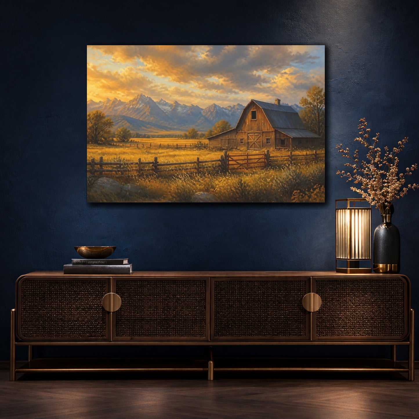 Mockup 4. Golden Barn At Dusk shown as canvas print