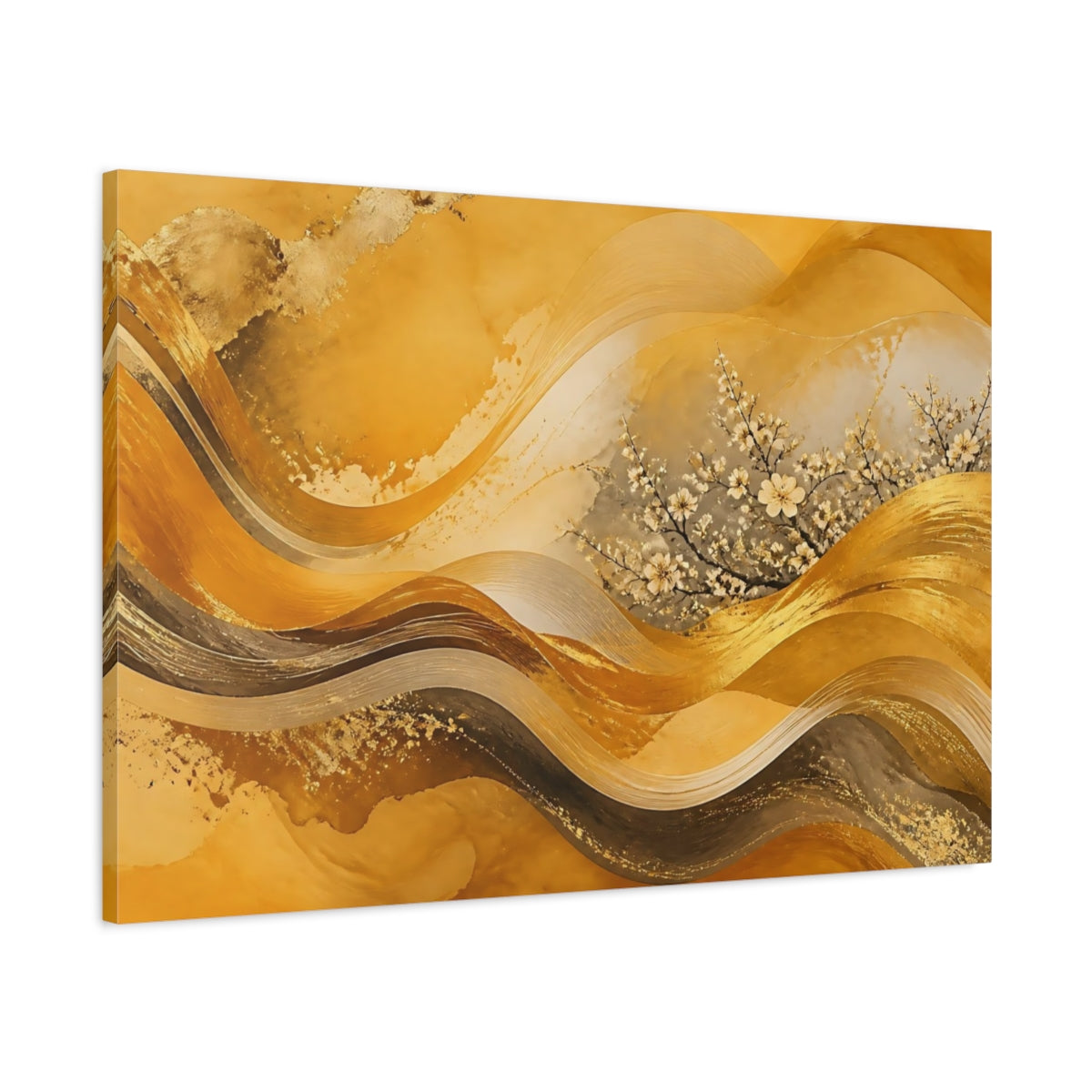 Main Mockup. Golden Blossom Waves shown as canvas print