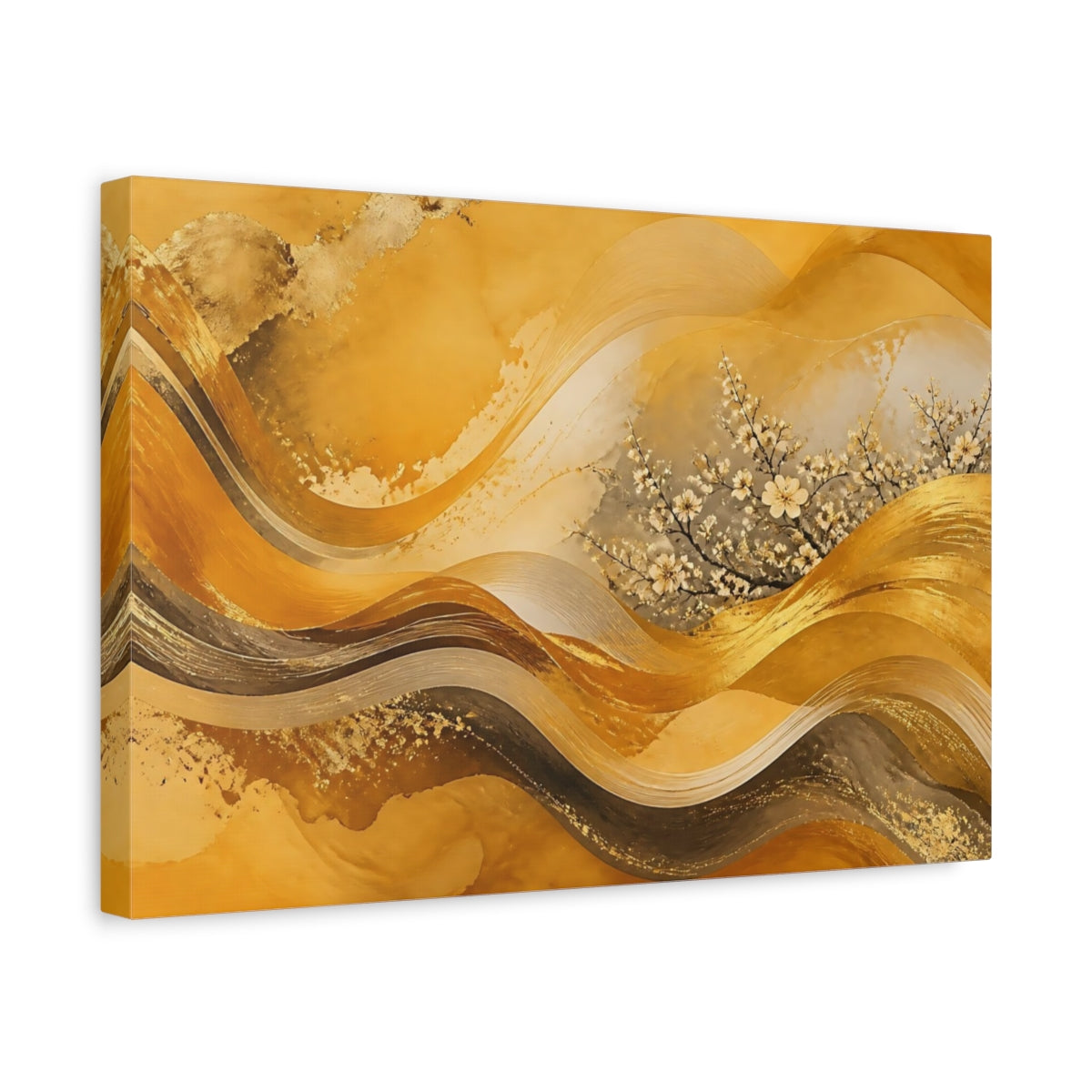 Side Mockup 4. Golden Blossom Waves shown as canvas print