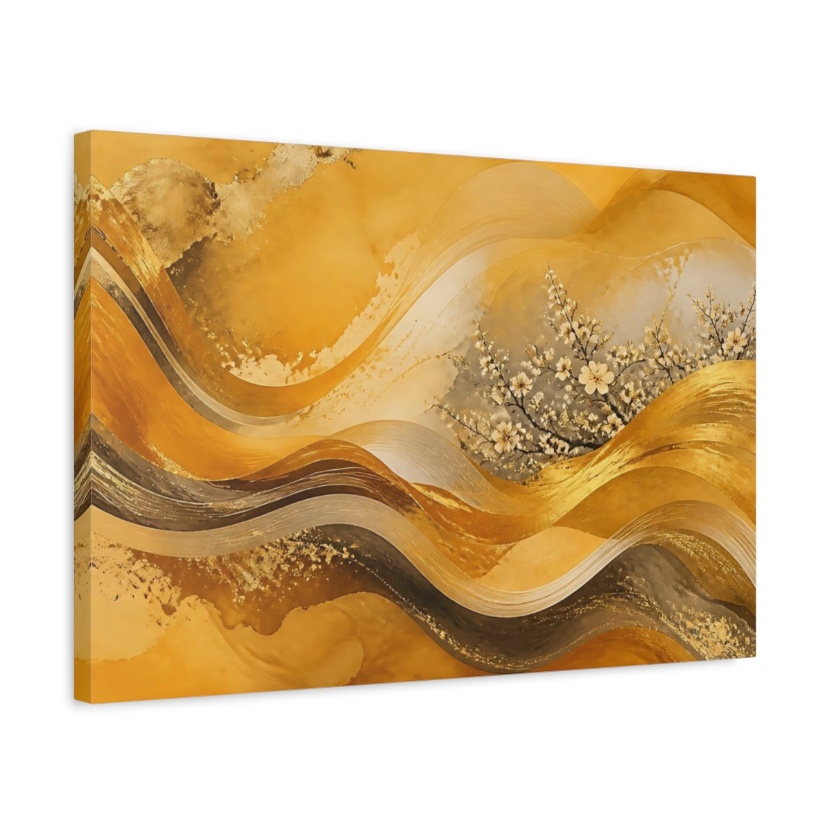 Side Mockup 3. Golden Blossom Waves shown as canvas print