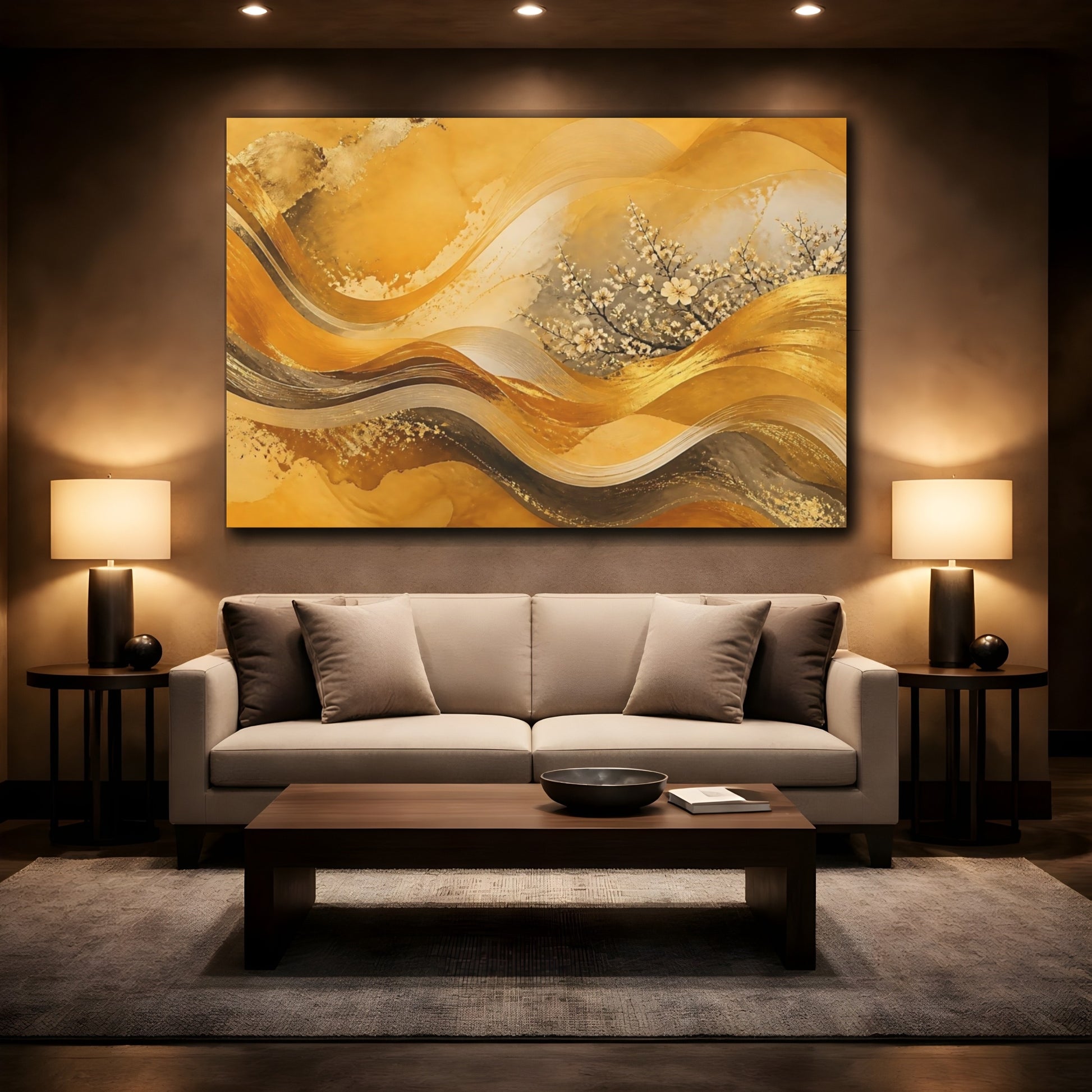 Mockup 2. Golden Blossom Waves shown as canvas print