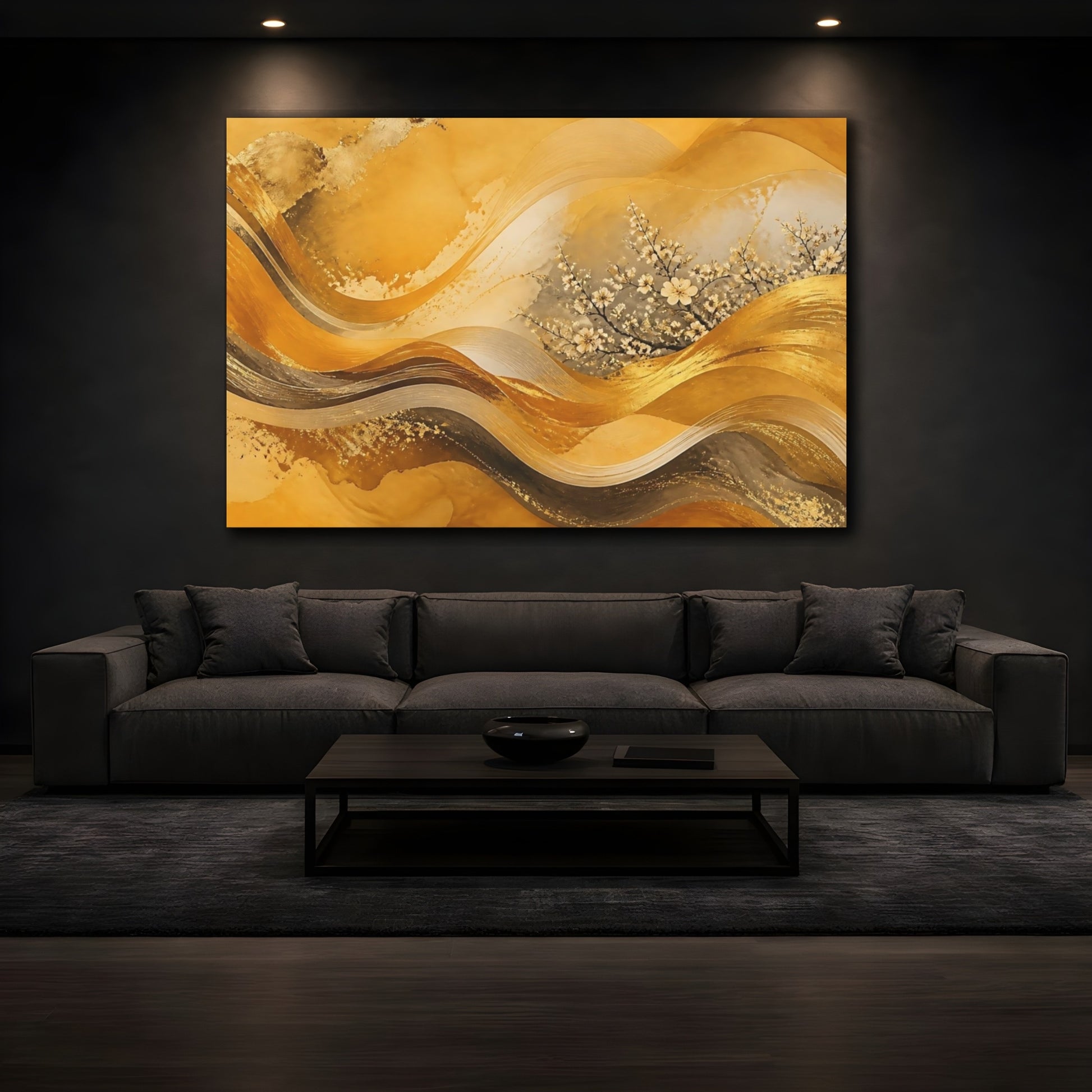 Mockup 3. Golden Blossom Waves shown as canvas print