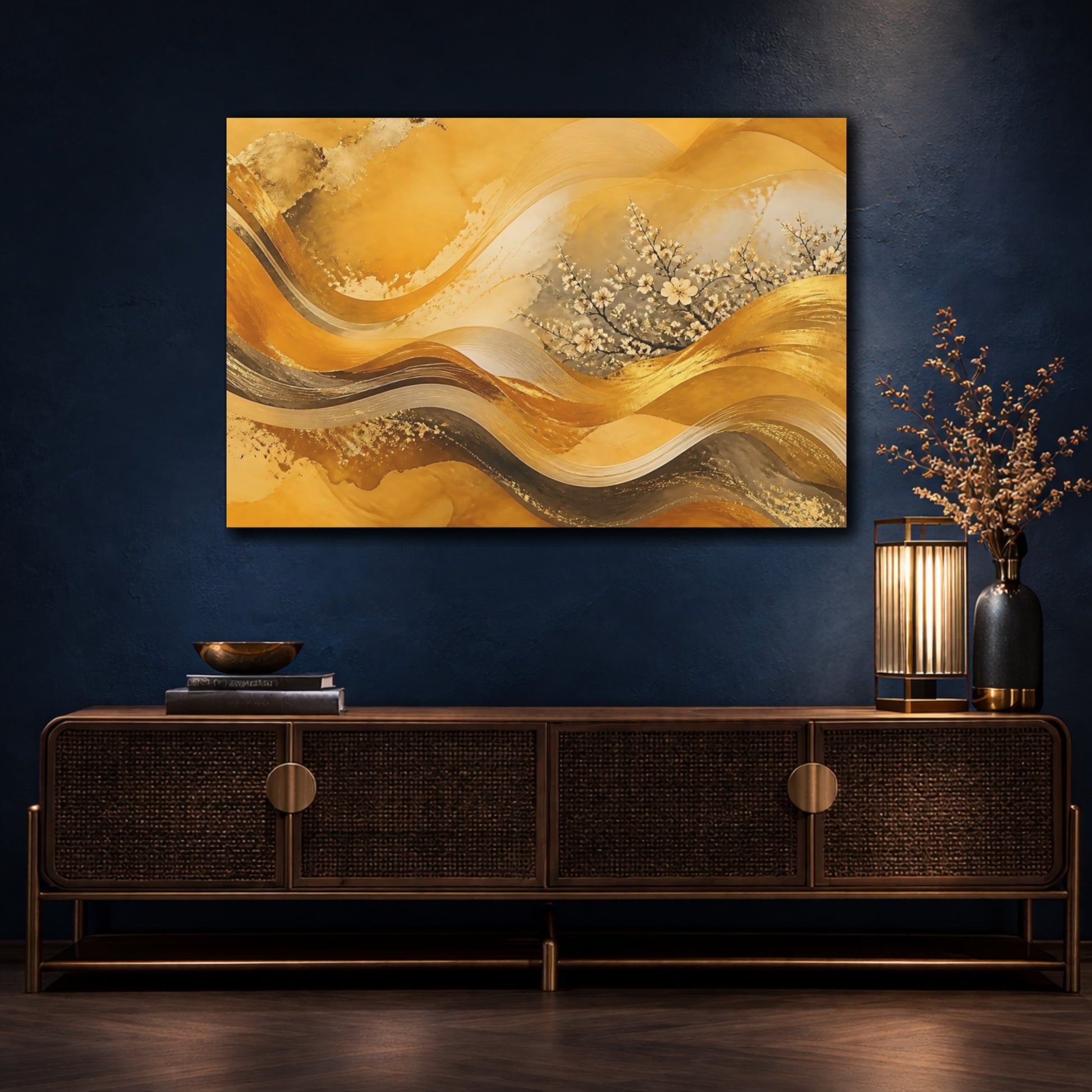 Mockup 4. Golden Blossom Waves shown as canvas print