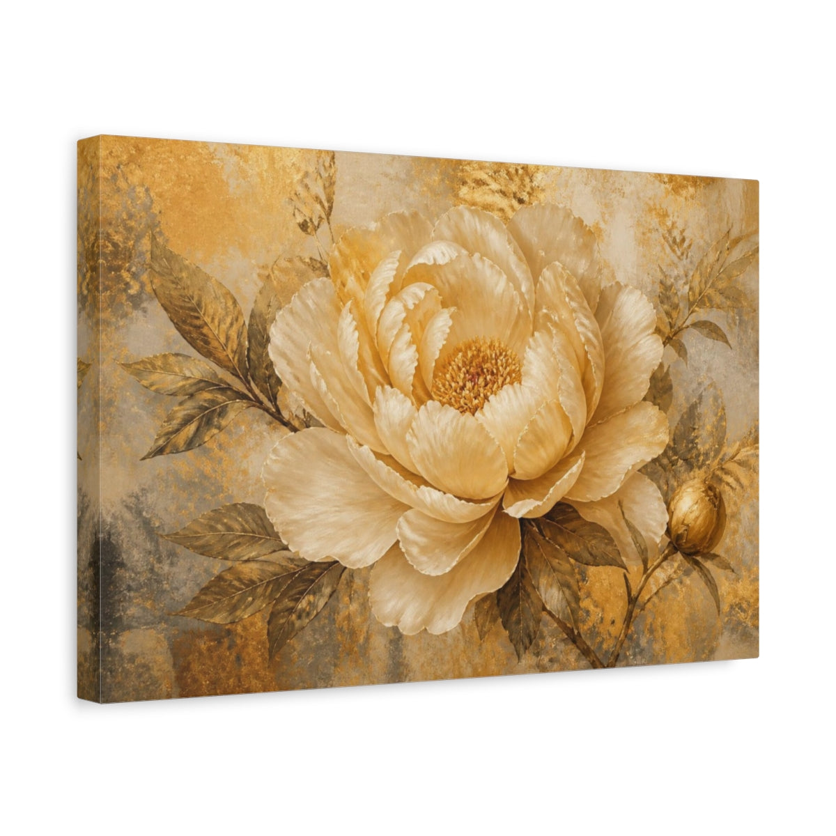 Side Mockup 4. Golden Champagne Peony shown as canvas print