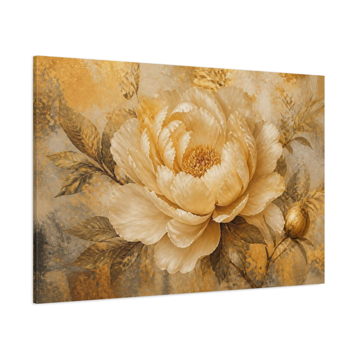 Side Mockup 1. Golden Champagne Peony shown as canvas print