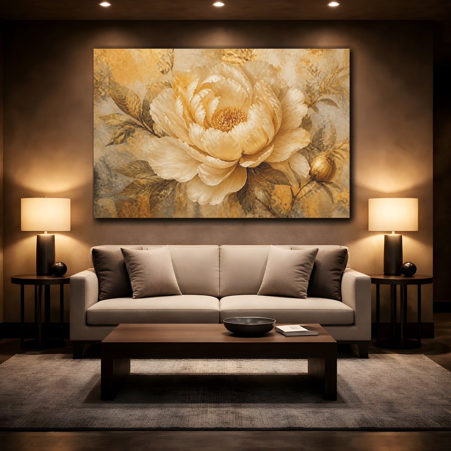 Mockup 2. Golden Champagne Peony shown as canvas print