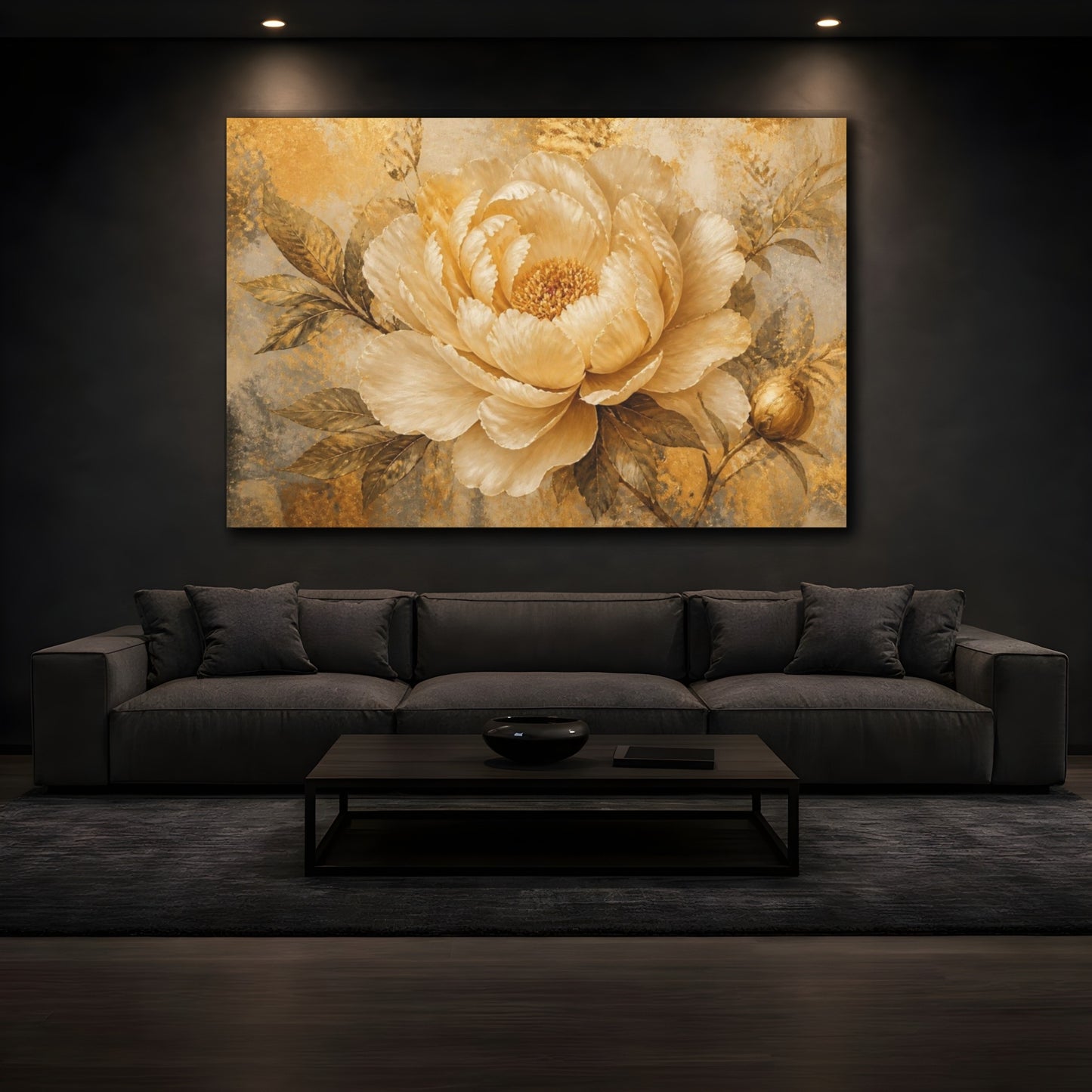 Mockup 3. Golden Champagne Peony shown as canvas print