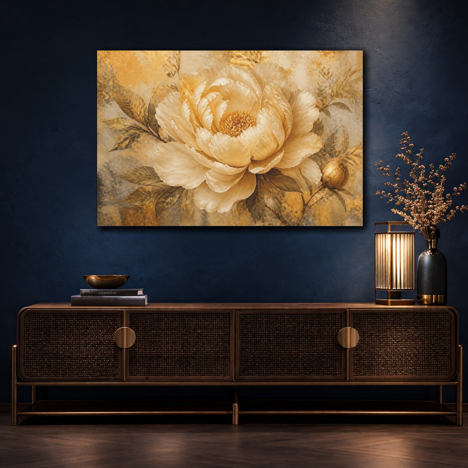Mockup 4. Golden Champagne Peony shown as canvas print