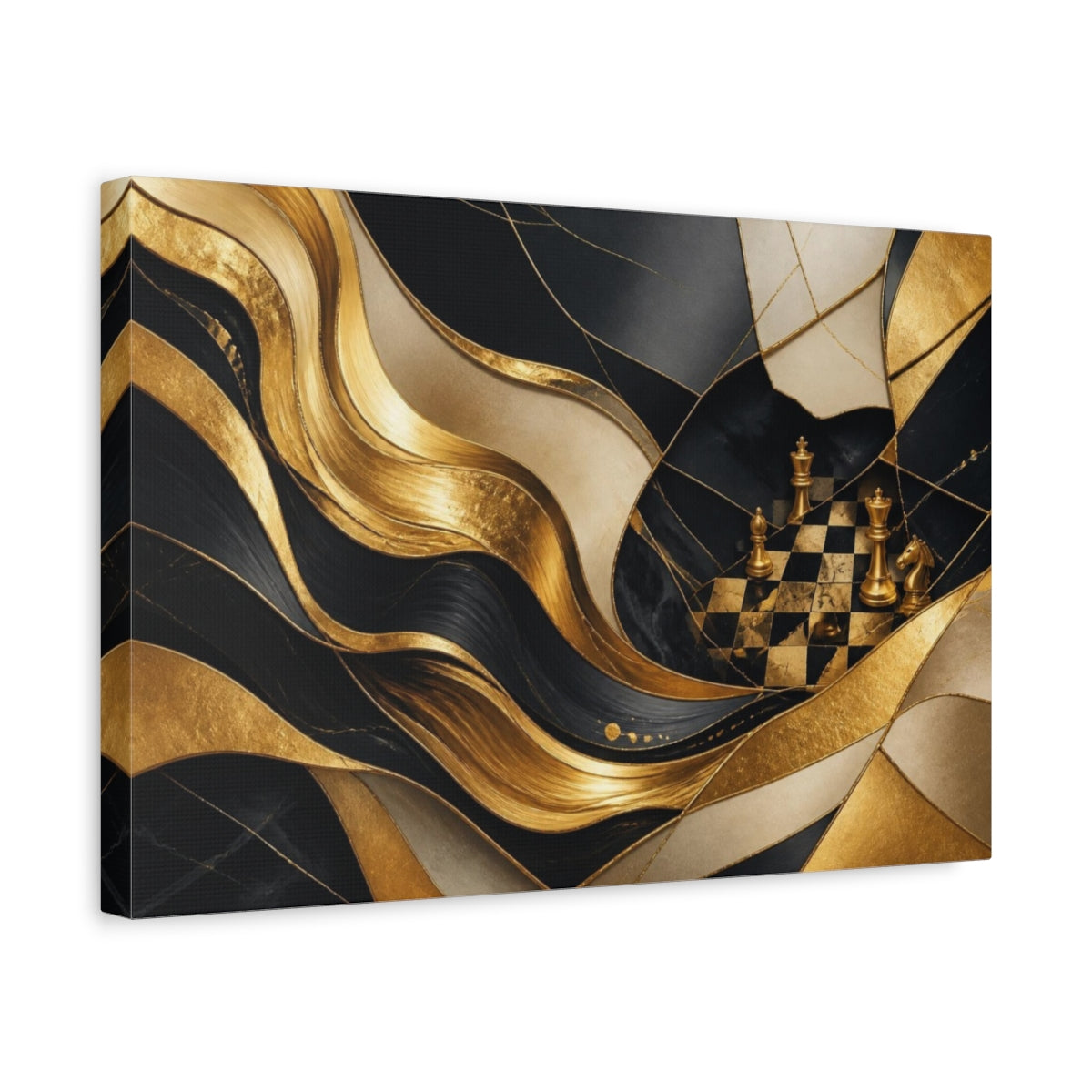 Side Mockup 4. Golden Chessboard Abstraction shown as canvas print