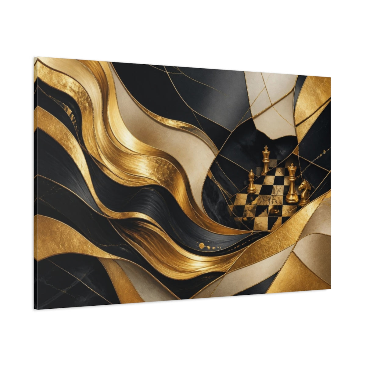 Side Mockup 1. Golden Chessboard Abstraction shown as canvas print