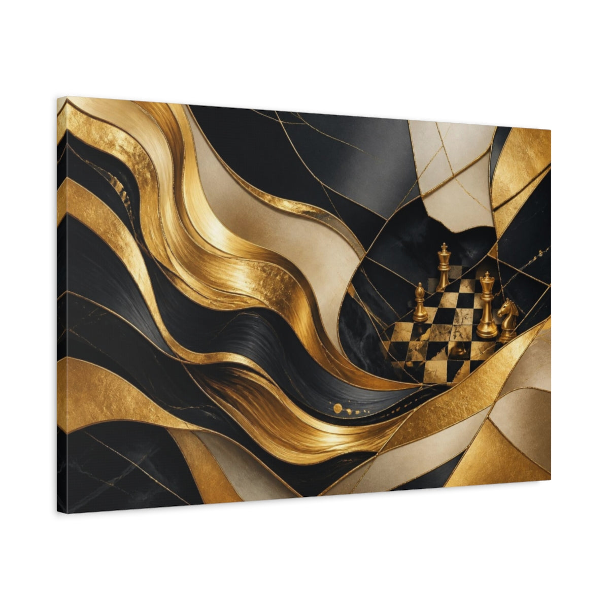 Side Mockup 2. Golden Chessboard Abstraction shown as canvas print