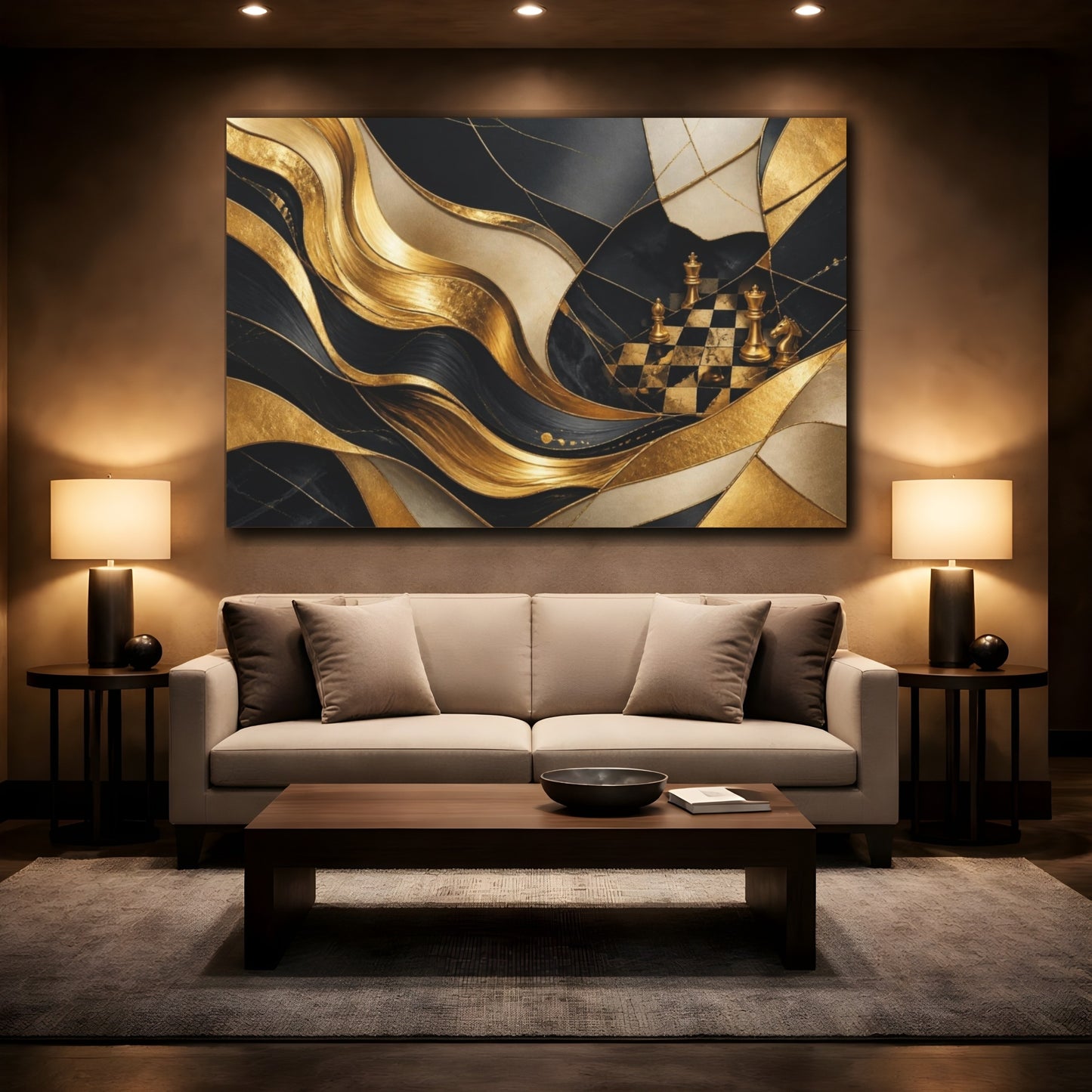 Mockup 2. Golden Chessboard Abstraction shown as canvas print