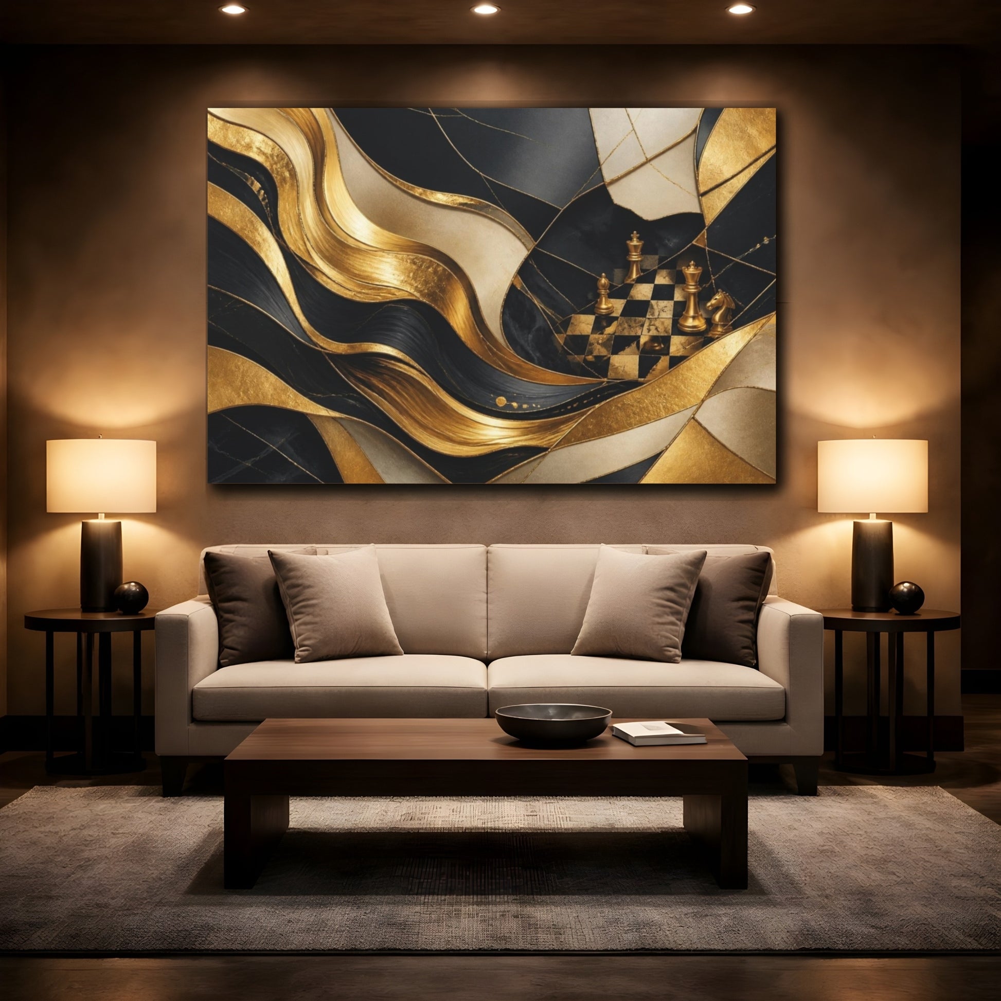 Mockup 2. Golden Chessboard Abstraction shown as canvas print