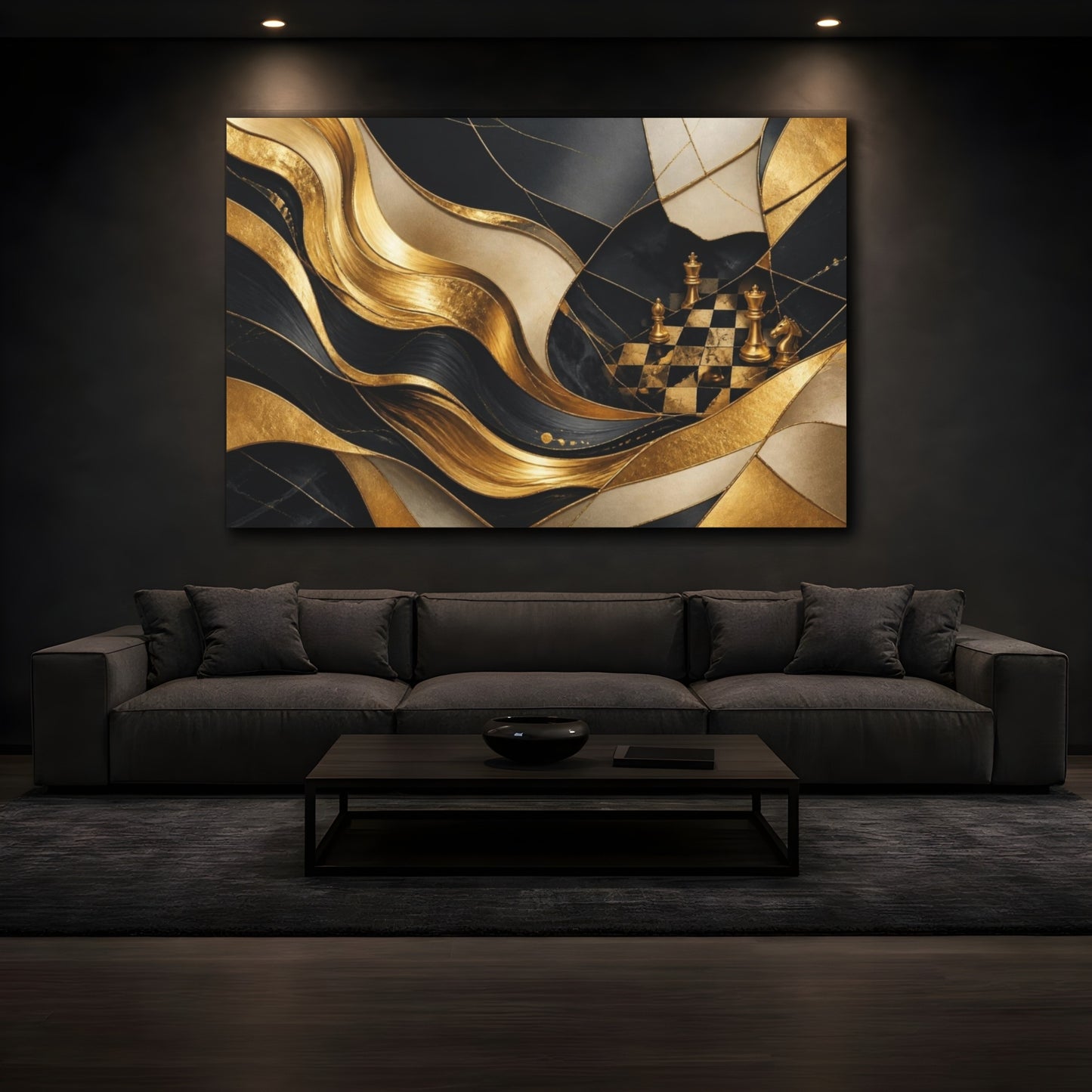 Mockup 3. Golden Chessboard Abstraction shown as canvas print