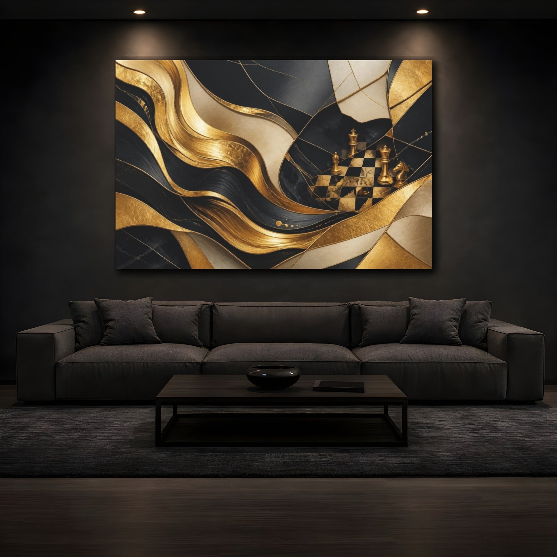Mockup 3. Golden Chessboard Abstraction shown as canvas print