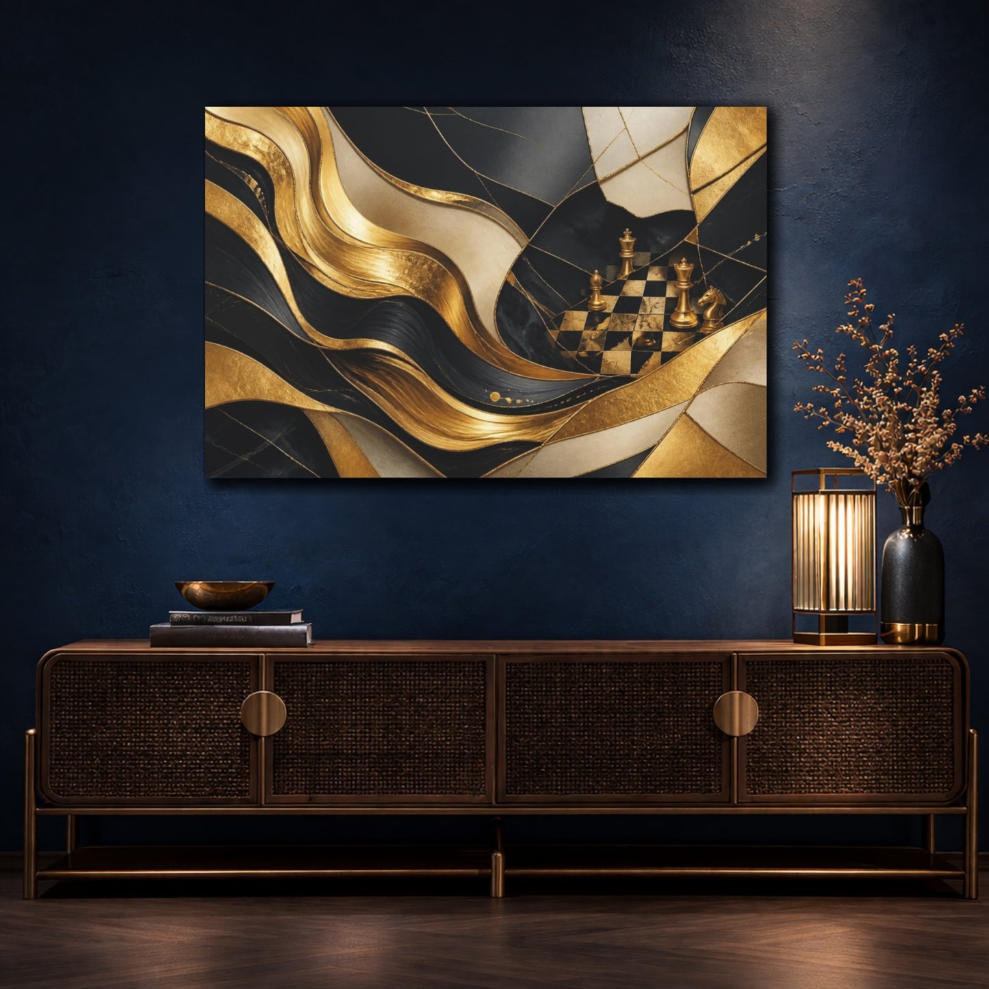 Mockup 4. Golden Chessboard Abstraction shown as canvas print
