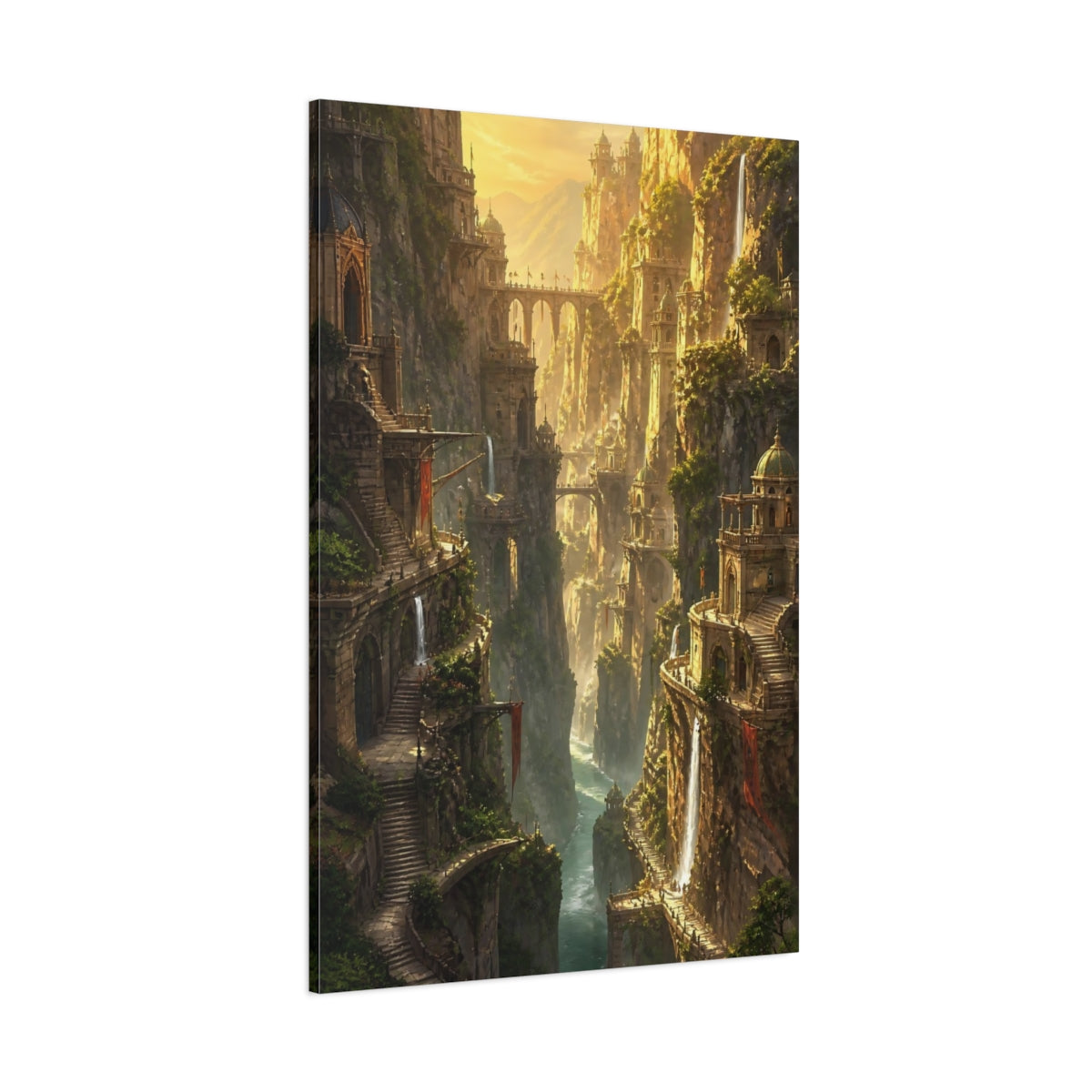 Side Mockup 1. Golden Cliffside Citadel shown as canvas print