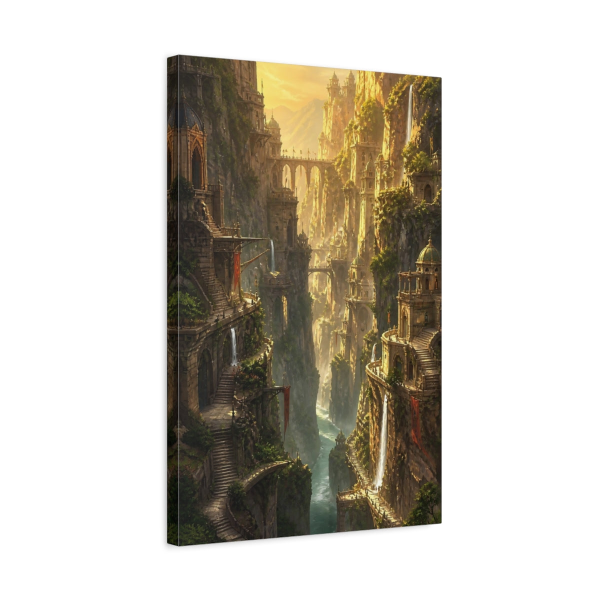 Side Mockup 3. Golden Cliffside Citadel shown as canvas print