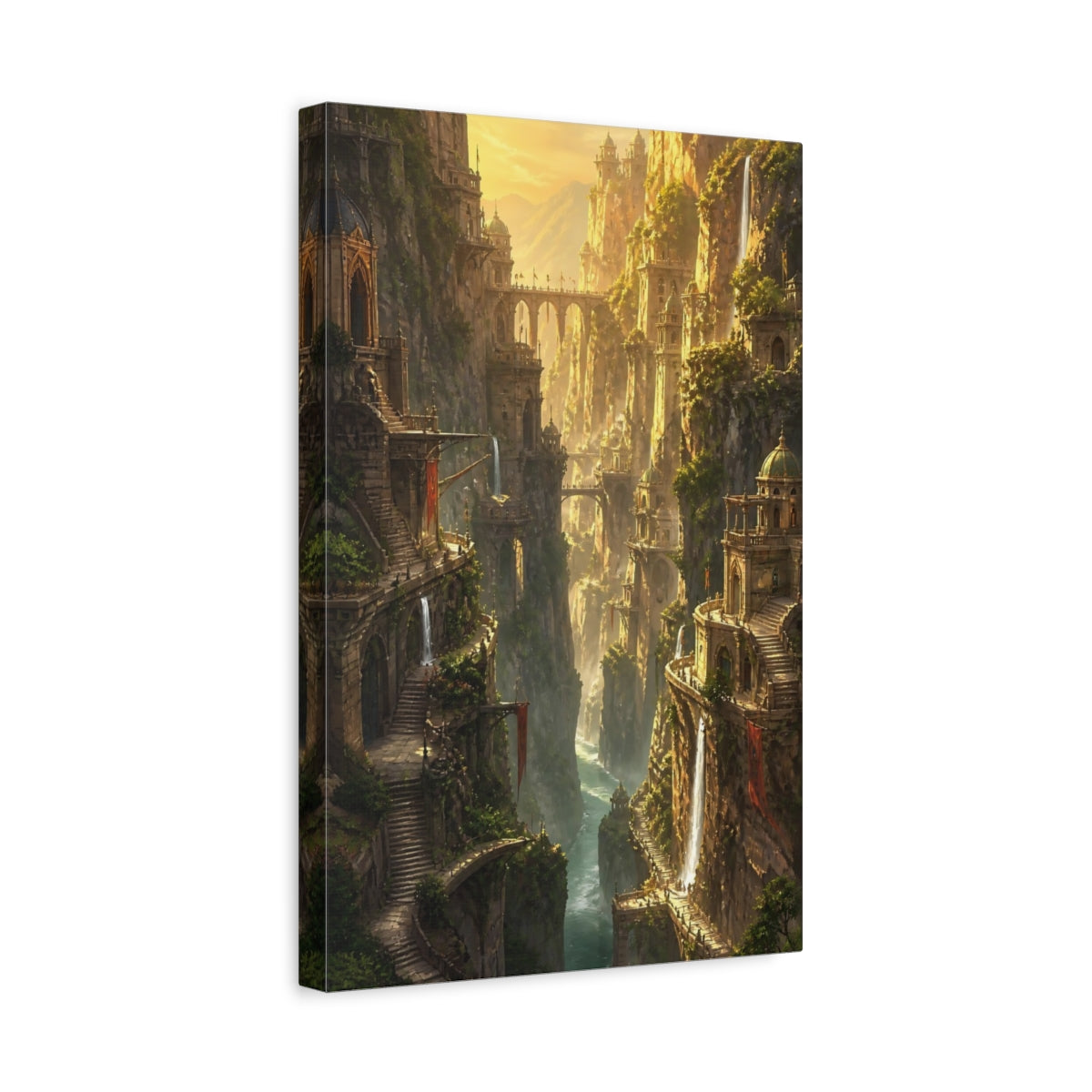 Side Mockup 4. Golden Cliffside Citadel shown as canvas print