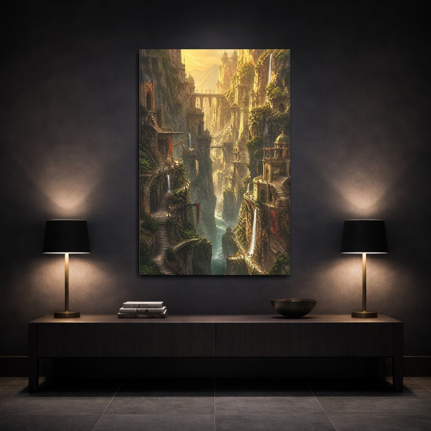 Mockup 3. Golden Cliffside Citadel shown as canvas print