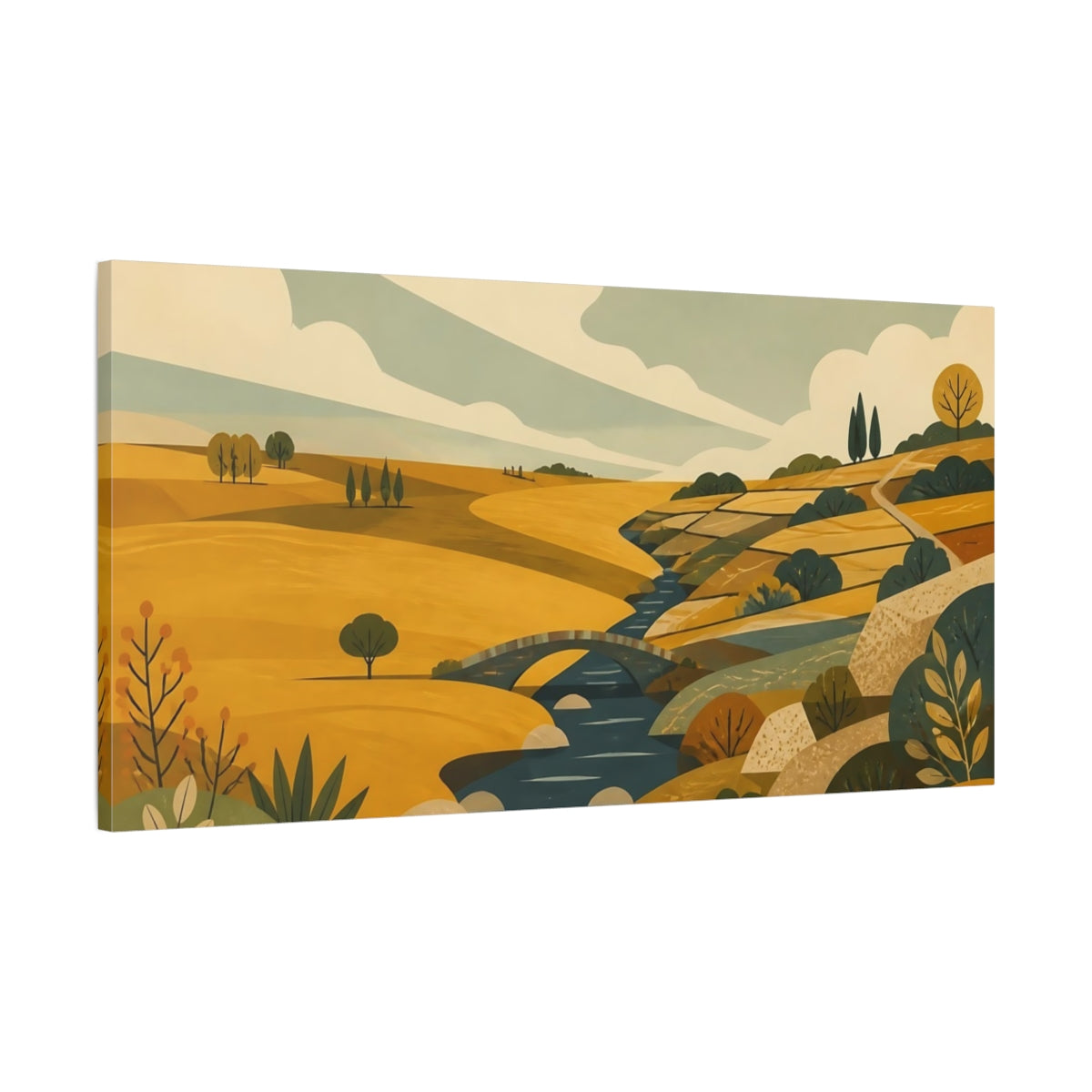 Main Mockup. Golden Countryside With Bridge shown as canvas print