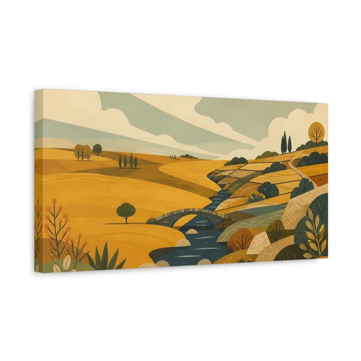 Side Mockup 3. Golden Countryside With Bridge shown as canvas print