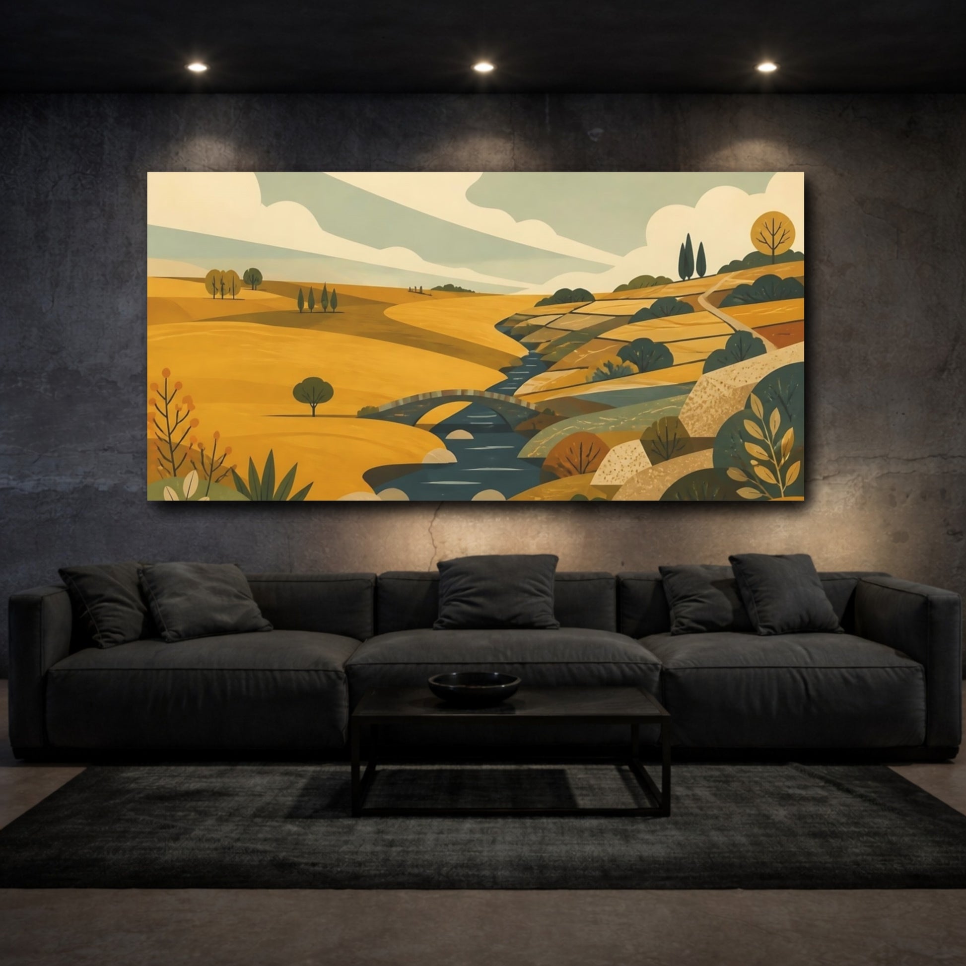 Mockup 3. Golden Countryside With Bridge shown as canvas print