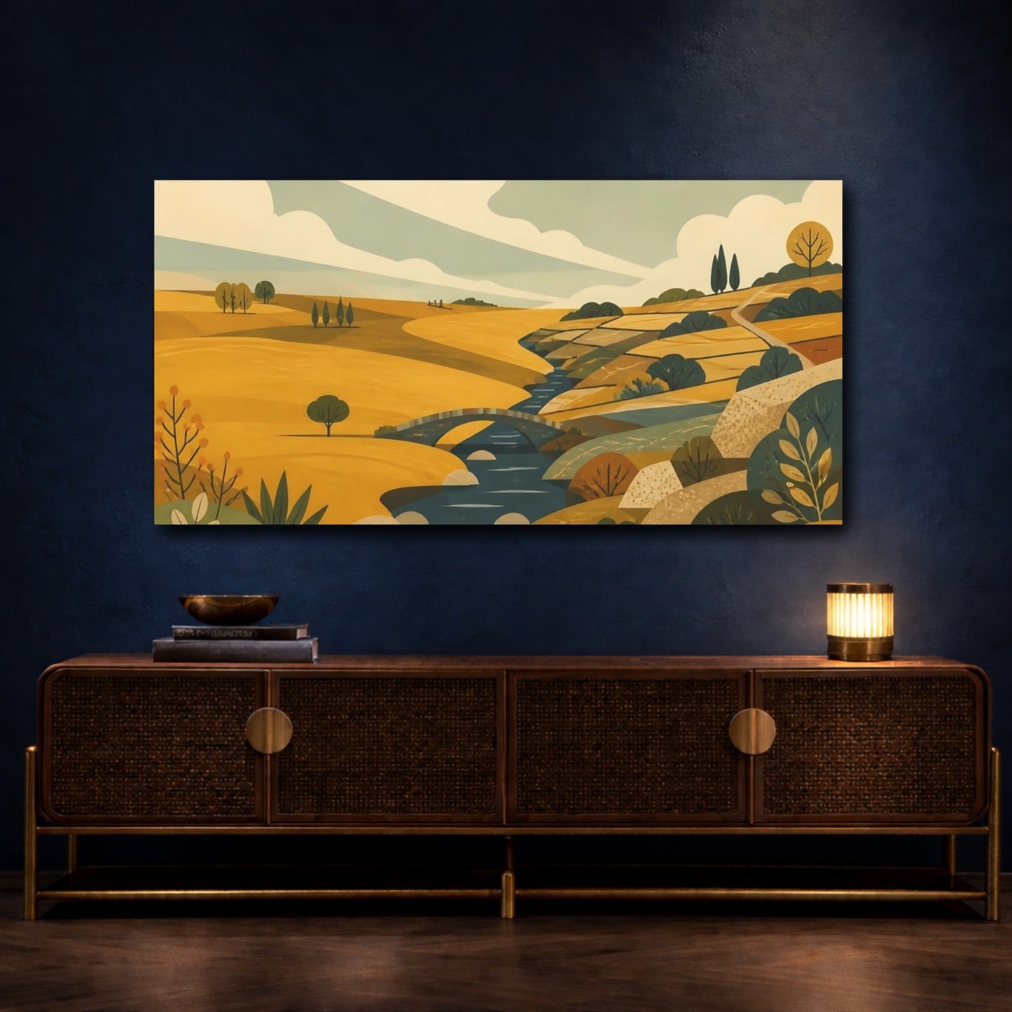 Mockup 4. Golden Countryside With Bridge shown as canvas print